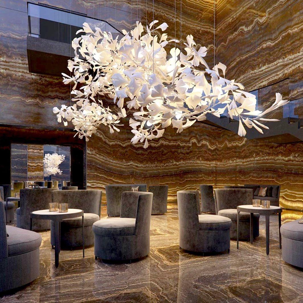 Chandelier White Ceramic Ginkgo Petals Gold Organic Art Nouveau - Letslighting