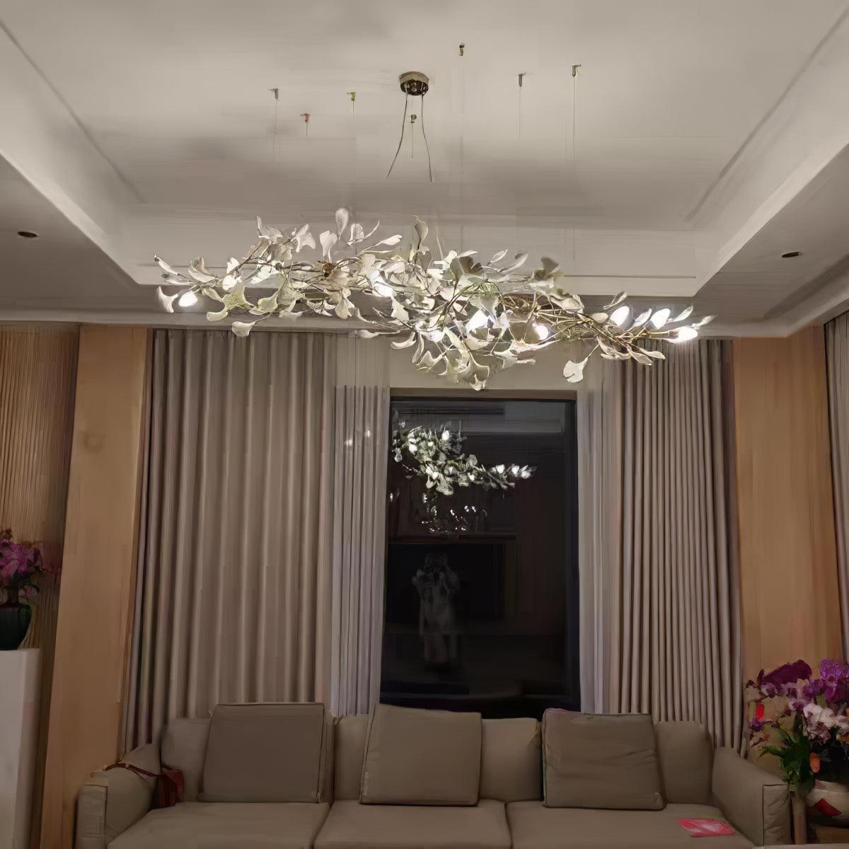 Chandelier White Ceramic Ginkgo Petals Gold Organic Art Nouveau - Letslighting