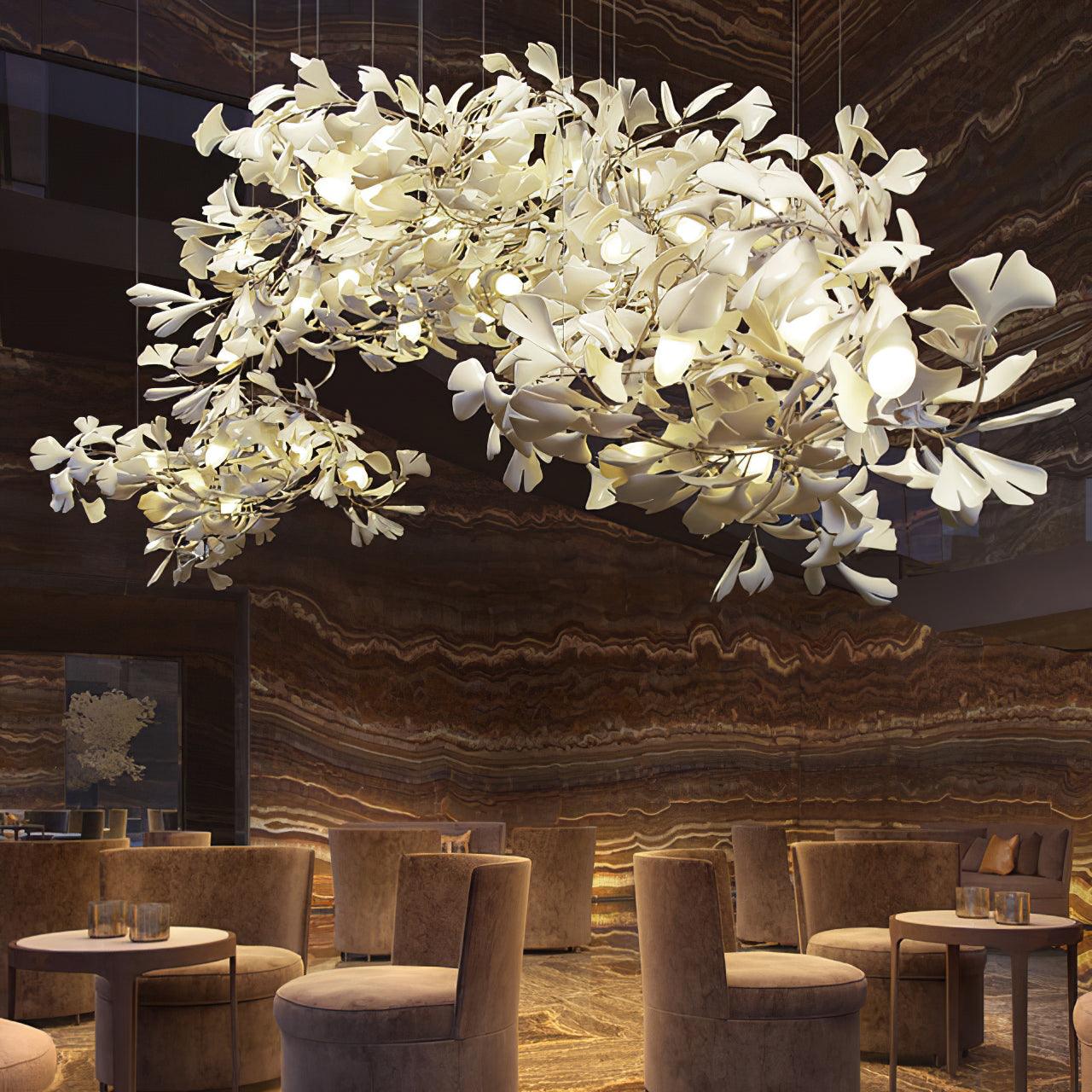 Chandelier White Ceramic Ginkgo Petals Gold Organic Art Nouveau - Letslighting