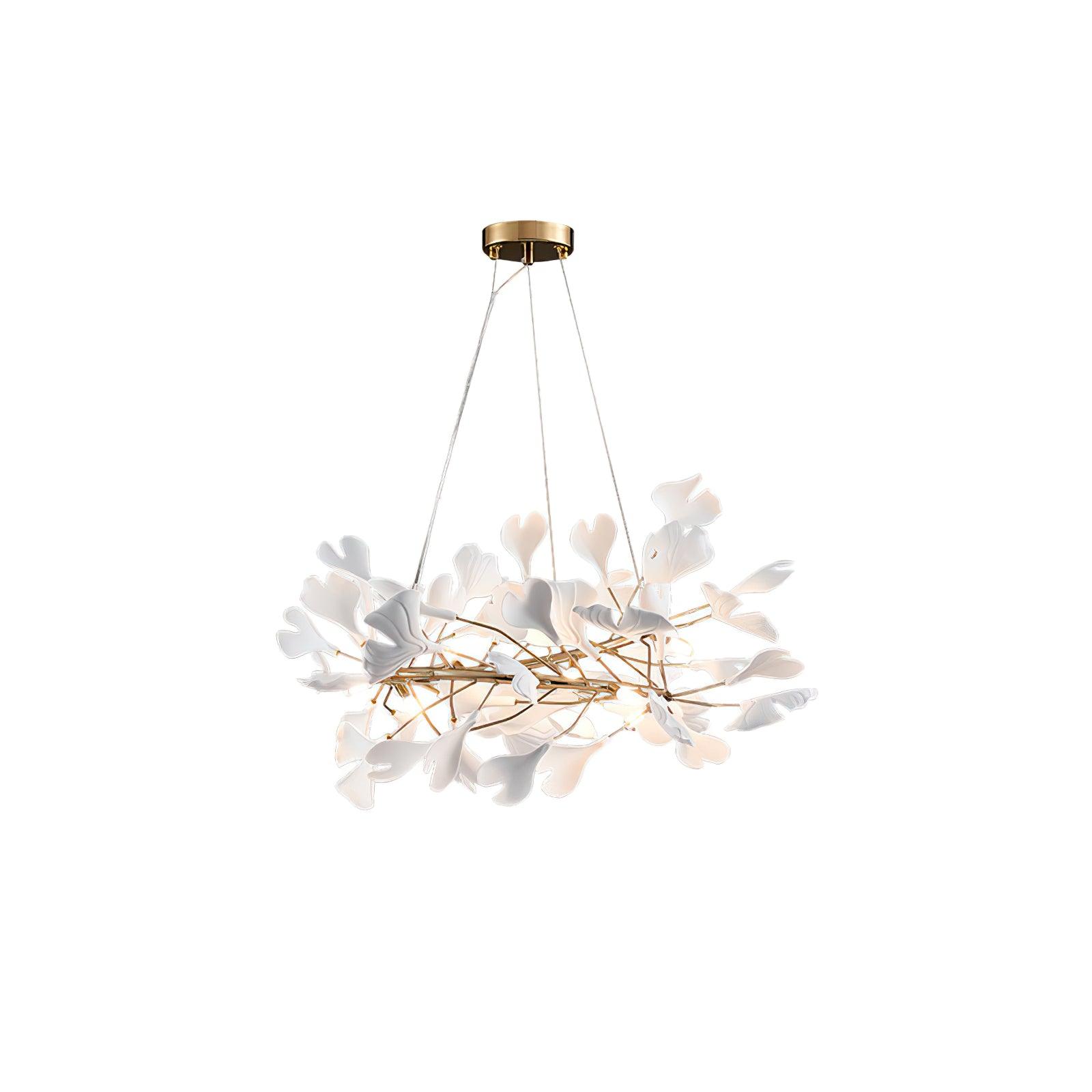 Chandelier White Ceramic Ginkgo Petals Gold Branches Art - Letslighting