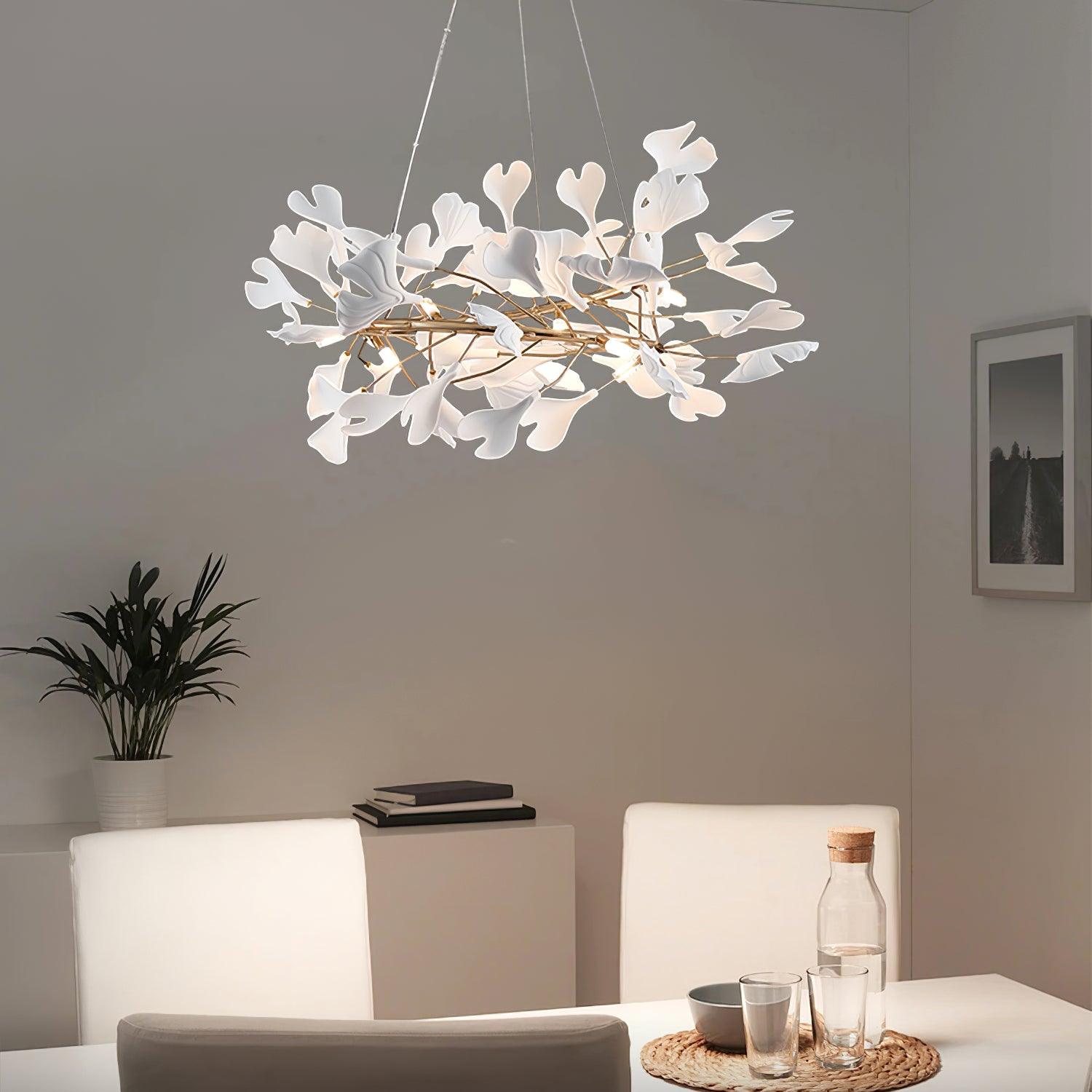 Chandelier White Ceramic Ginkgo Petals Gold Branches Art - Letslighting