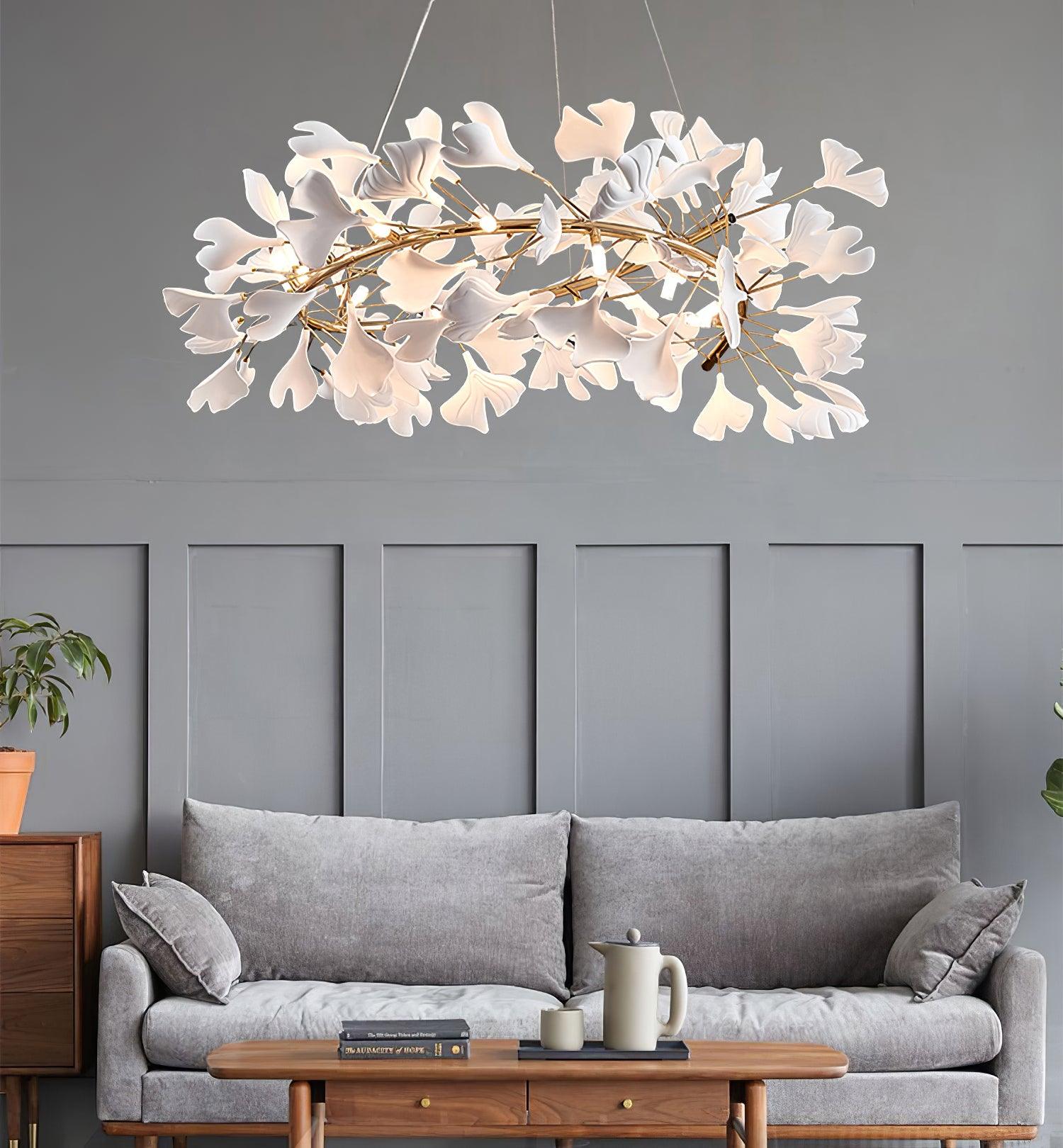 Chandelier White Ceramic Ginkgo Petals Gold Branches Art - Letslighting