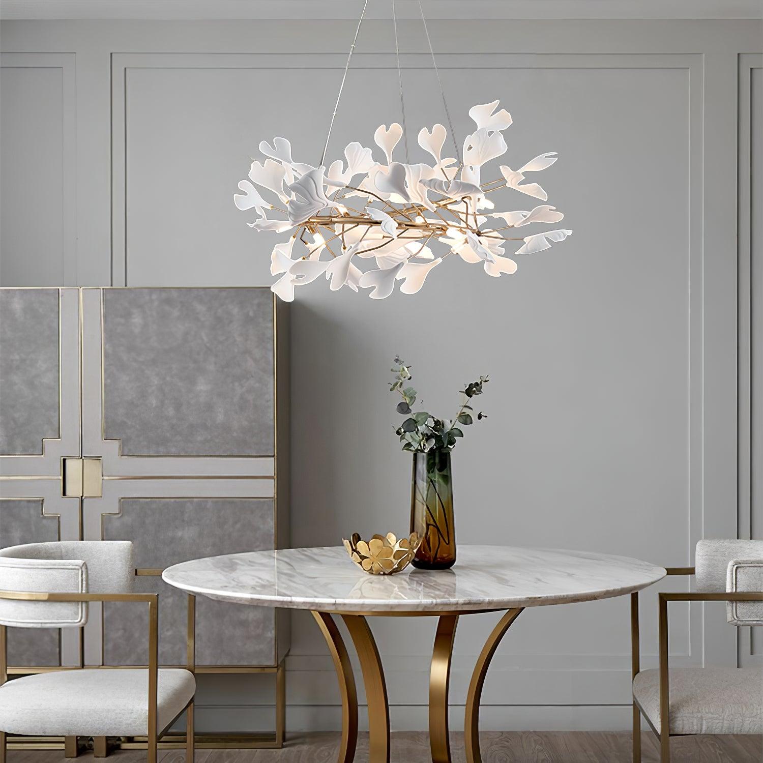 Chandelier White Ceramic Ginkgo Petals Gold Branches Art - Letslighting