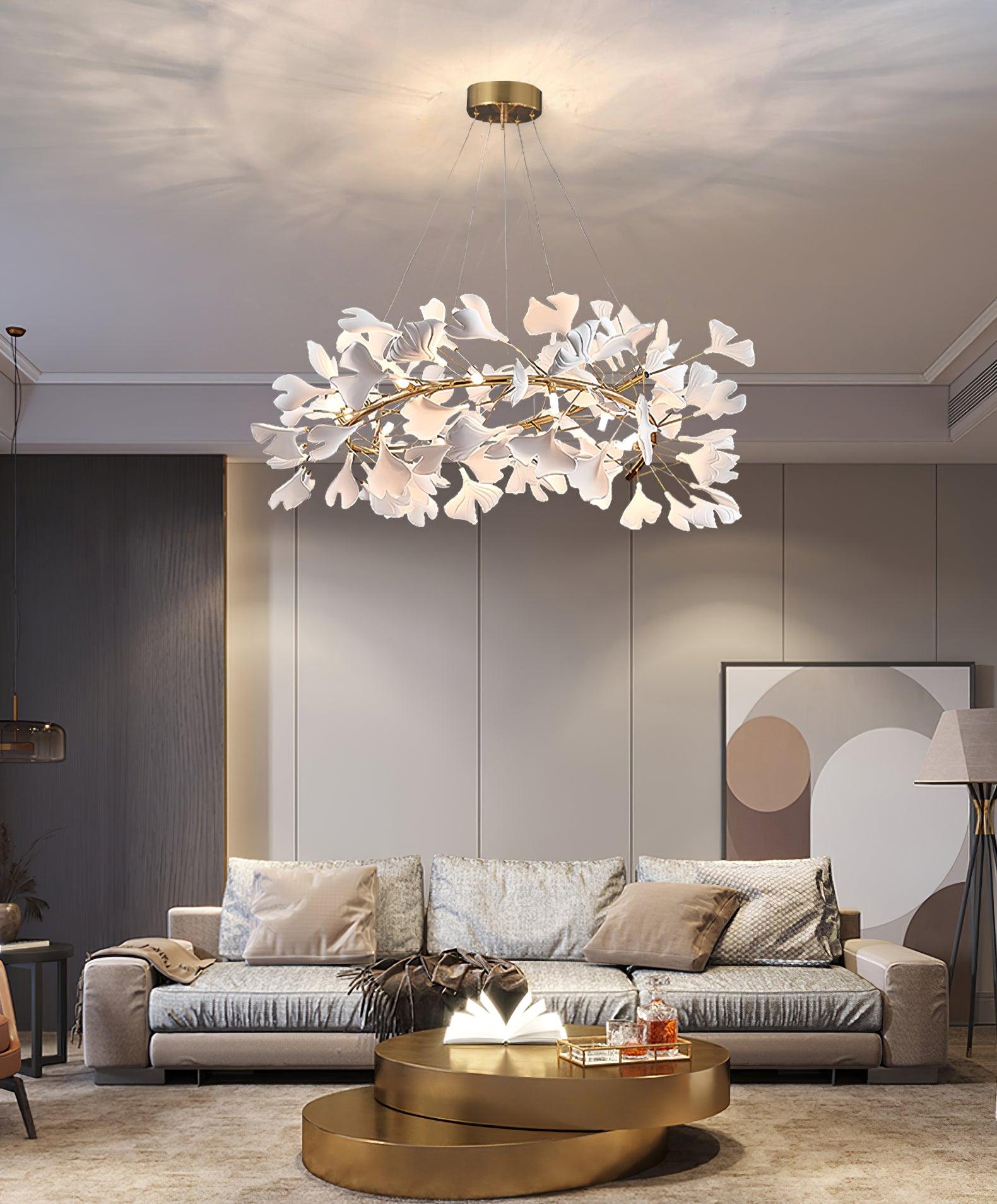 Chandelier White Ceramic Ginkgo Petals Gold Branches Art - Letslighting