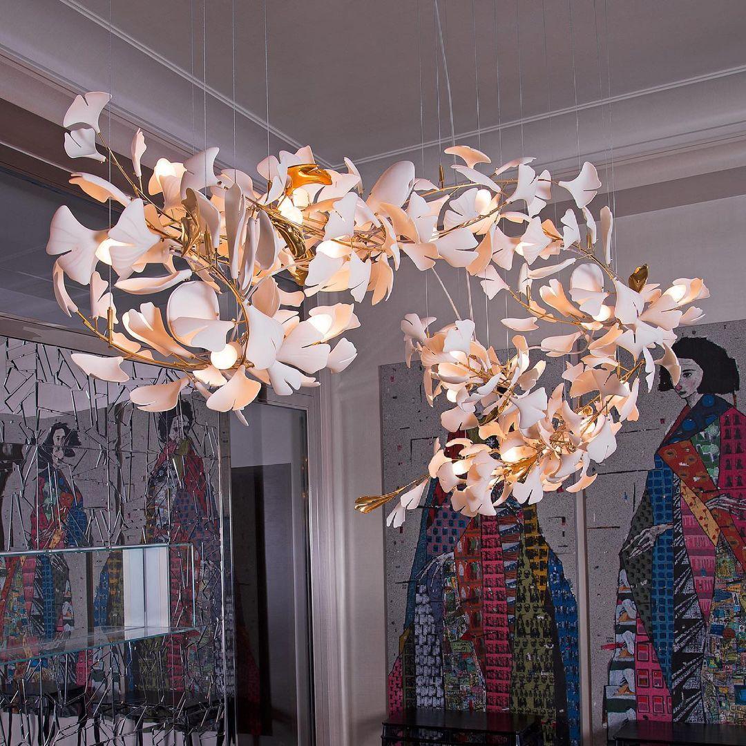 Chandelier Frame Ceramic Gingko Leaf Shade White Gold Modern - Letslighting