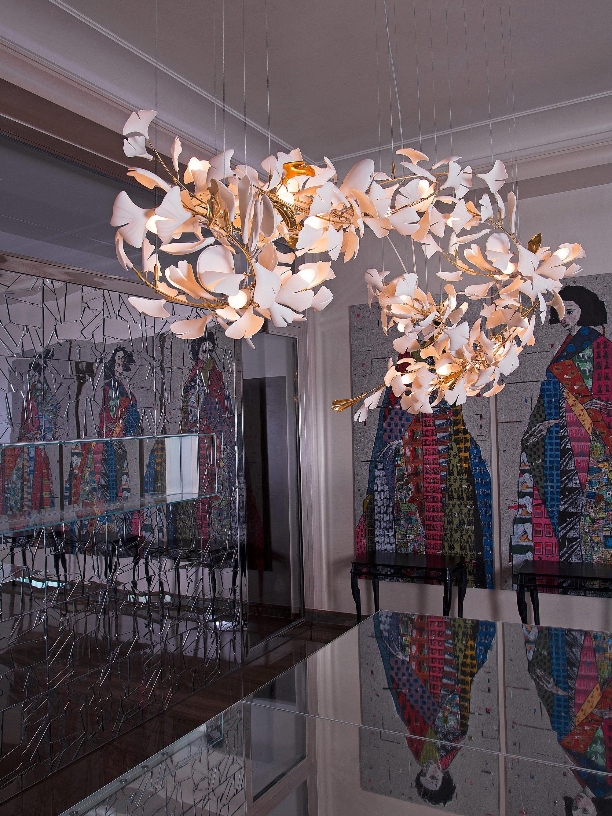 Chandelier Frame Ceramic Gingko Leaf Shade White Gold Modern - Letslighting