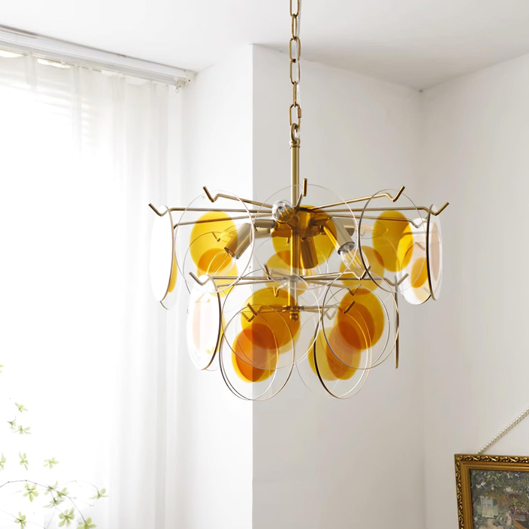 Glass Chandelier Caramel Discs Brass Frame Sculptural - Letslighting