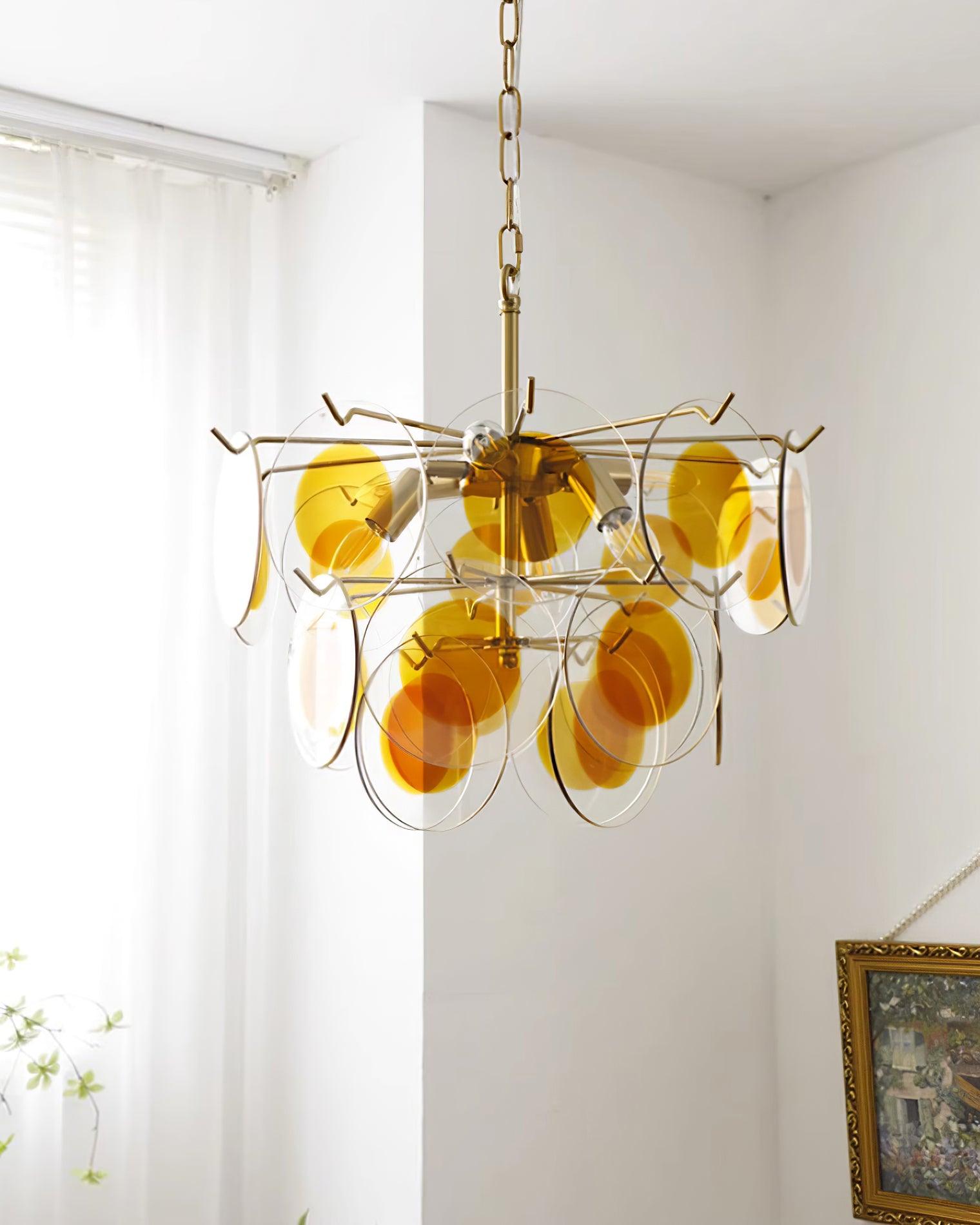 Glass Chandelier Caramel Discs Brass Frame Sculptural - Letslighting