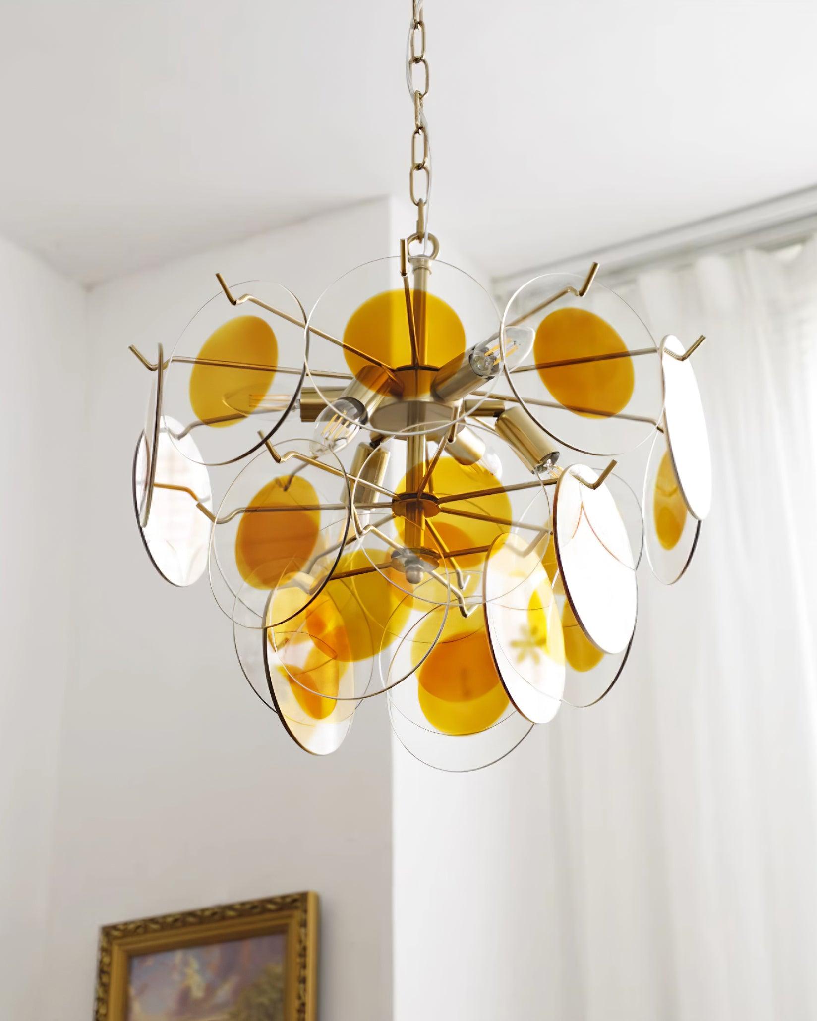 Glass Chandelier Caramel Discs Brass Frame Sculptural - Letslighting