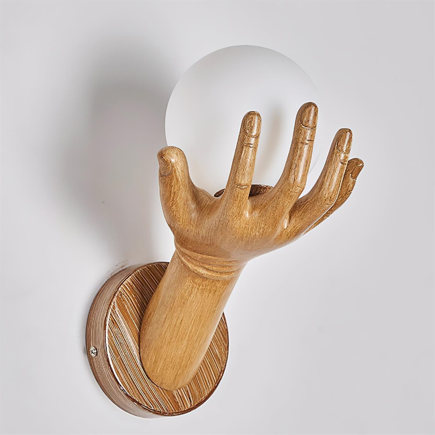 Wall Lamp Polymer Body Hand Shape Globe Shade Wood Grain - Letslighting
