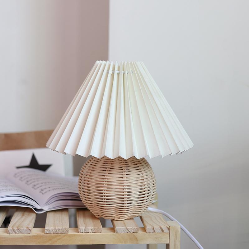 Muto Lampe de Table Vintage, Céramique/Rotin/Bois/Tissu, Blanc/Beige, Chambre