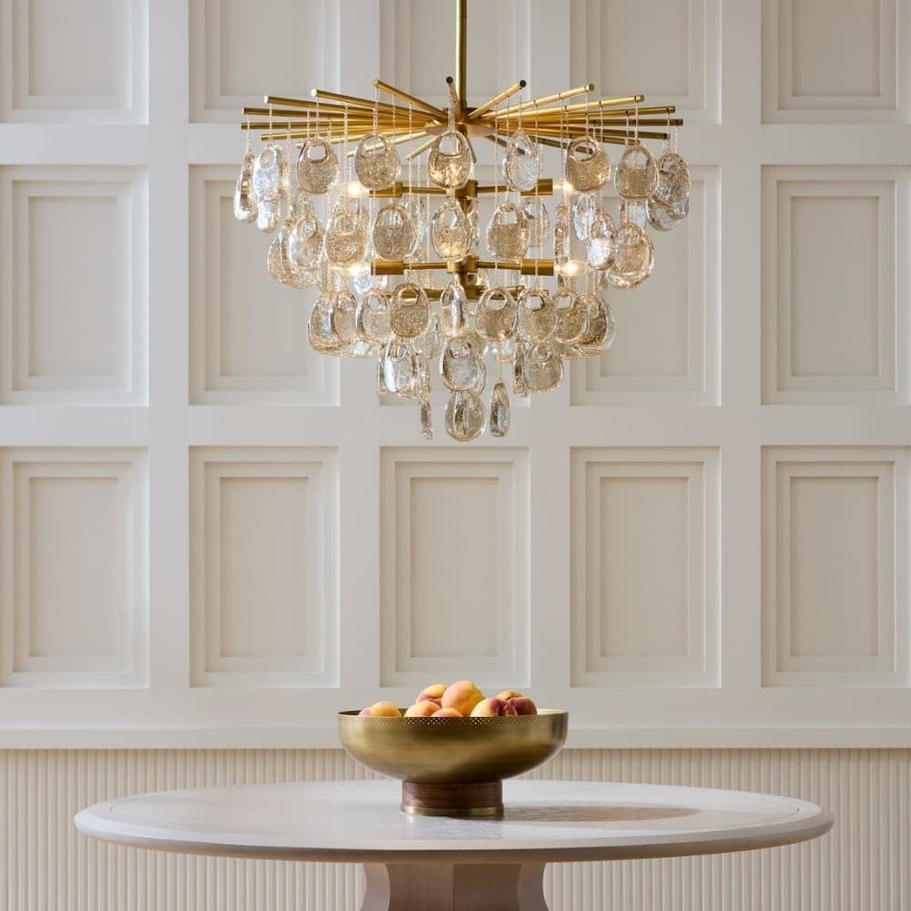 Aurora Chandelier Amber Seedy Glass Drop Antique Brass - Letslighting