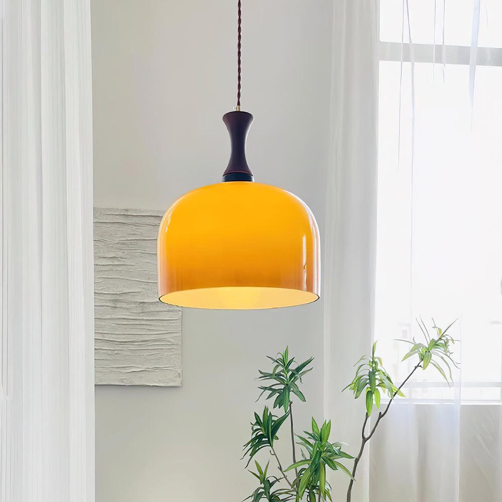 Lacey Pendant Lamp Glass with Amber Dome & Wood Neck - Letslighting