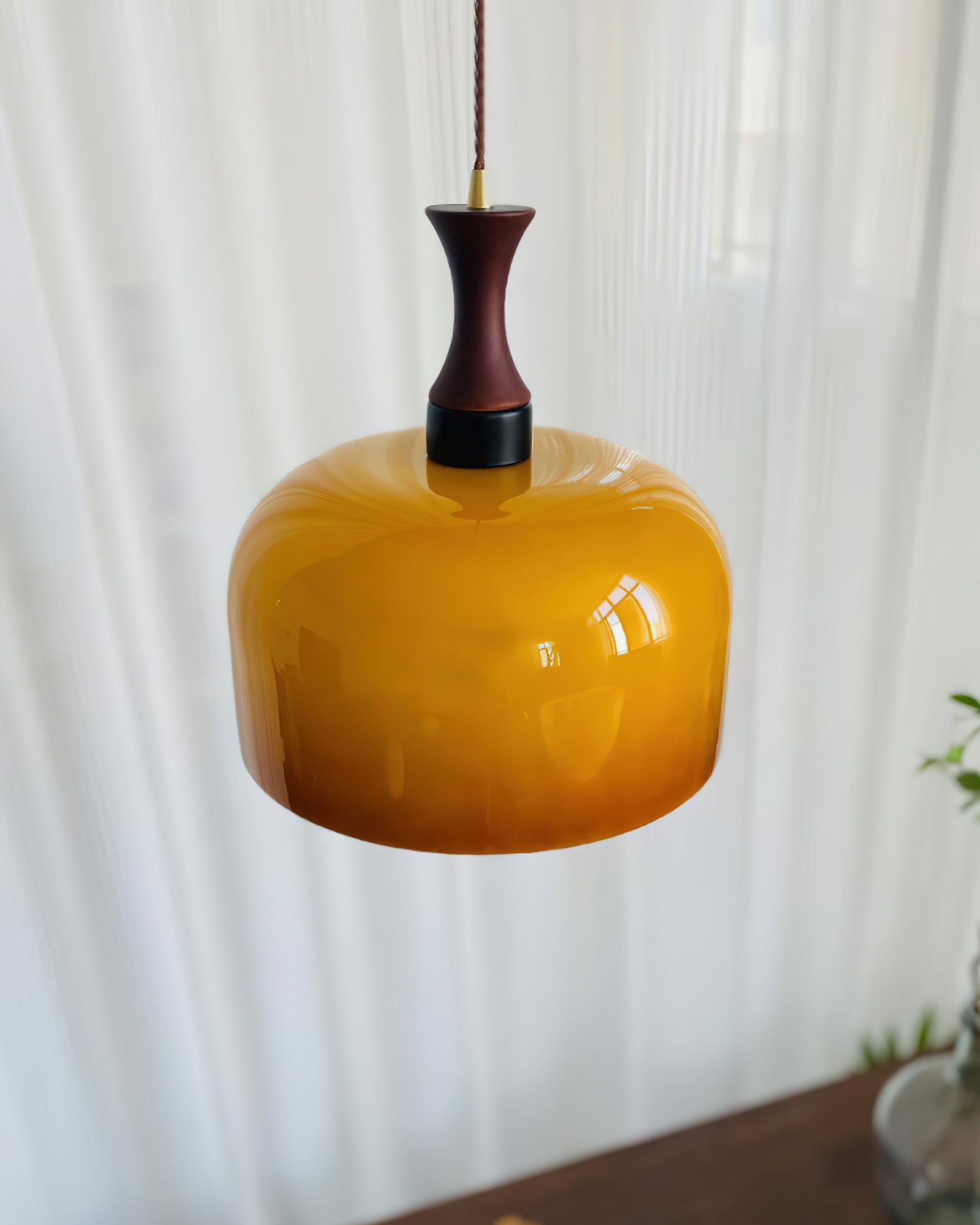 Lacey Pendant Lamp Glass with Amber Dome & Wood Neck - Letslighting