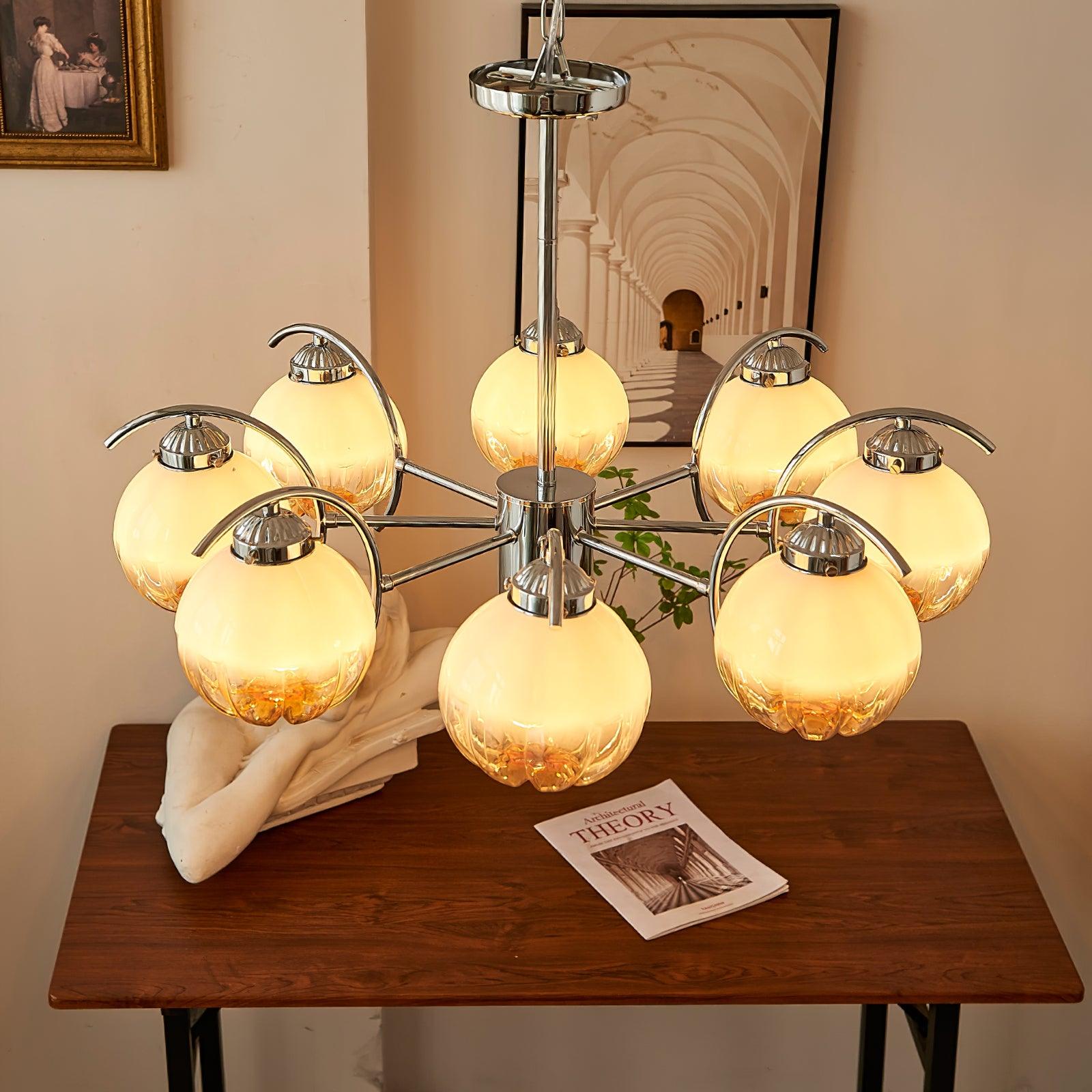 Chandelier Chrome Curved Arms with Frosted Globe Shades - Blowlighting