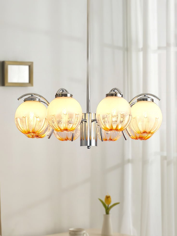 Chandelier Chrome Curved Arms with Frosted Globe Shades - Blowlighting