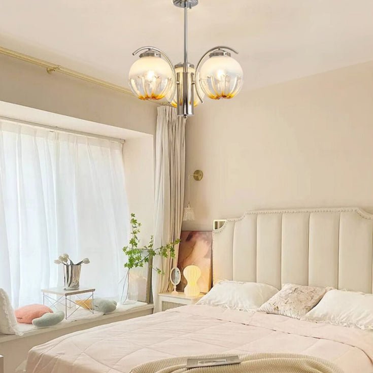 Chandelier Chrome Curved Arms with Frosted Globe Shades - Blowlighting