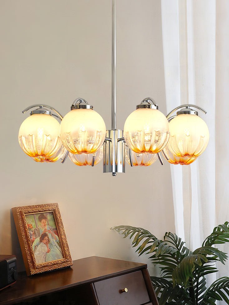 Chandelier Chrome Curved Arms with Frosted Globe Shades - Blowlighting