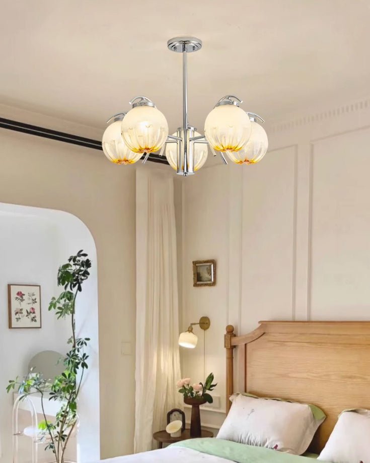 Chandelier Chrome Curved Arms with Frosted Globe Shades - Blowlighting