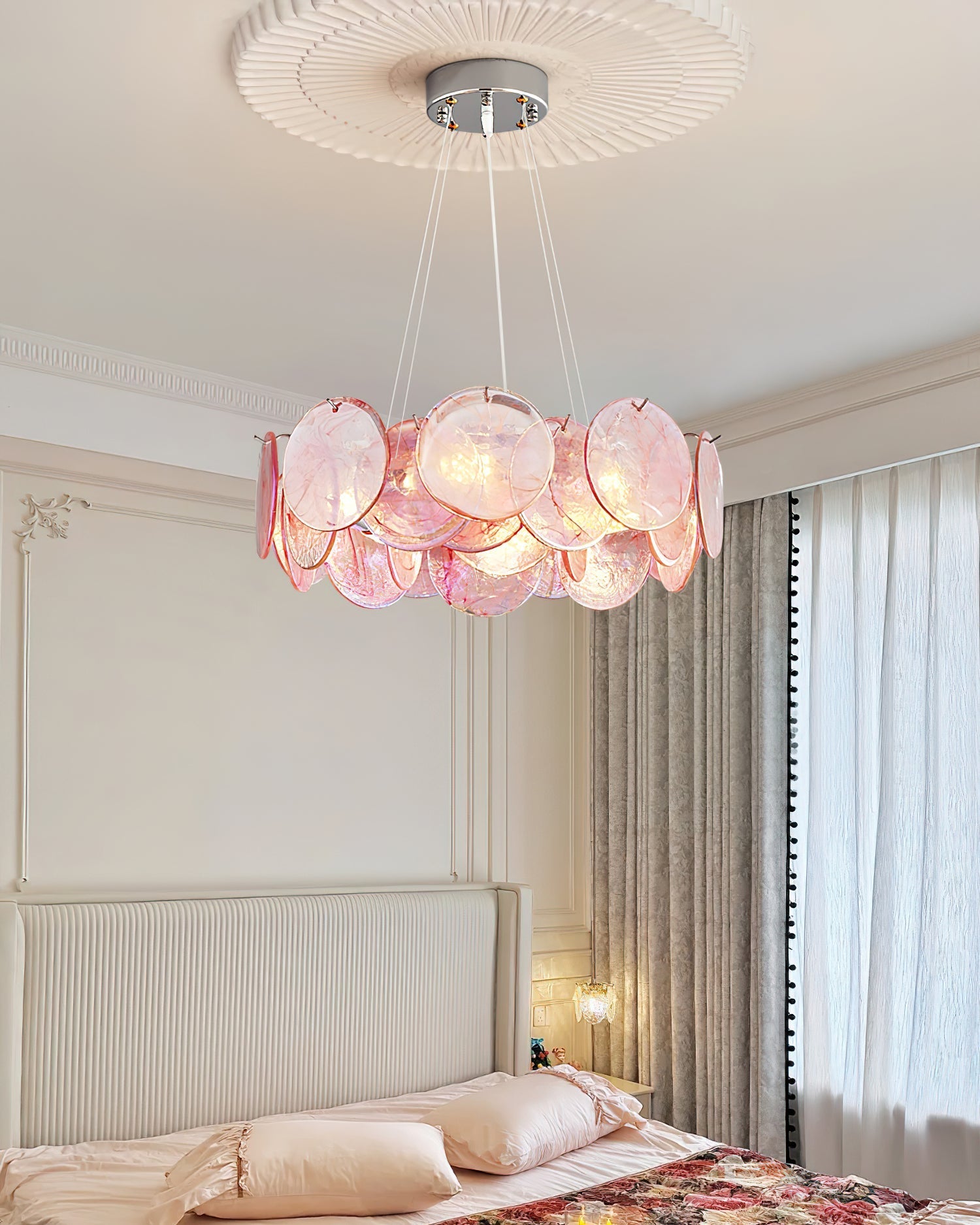 Loire Chandelier Iridescent Pink Glass Disc Halo - Letslighting