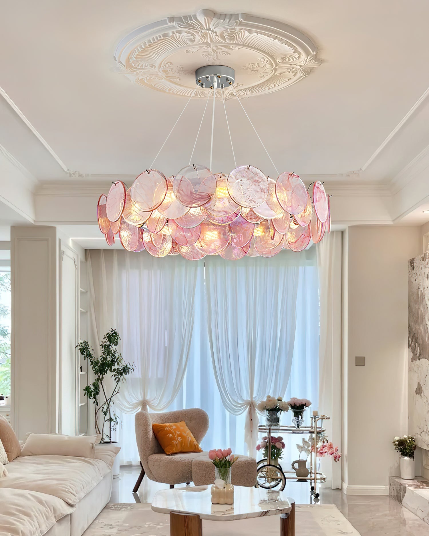 Loire Chandelier Iridescent Pink Glass Disc Halo - Letslighting