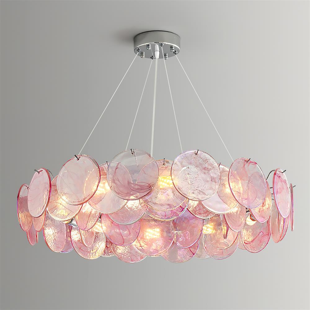 Loire Chandelier Iridescent Pink Glass Disc Halo - Letslighting