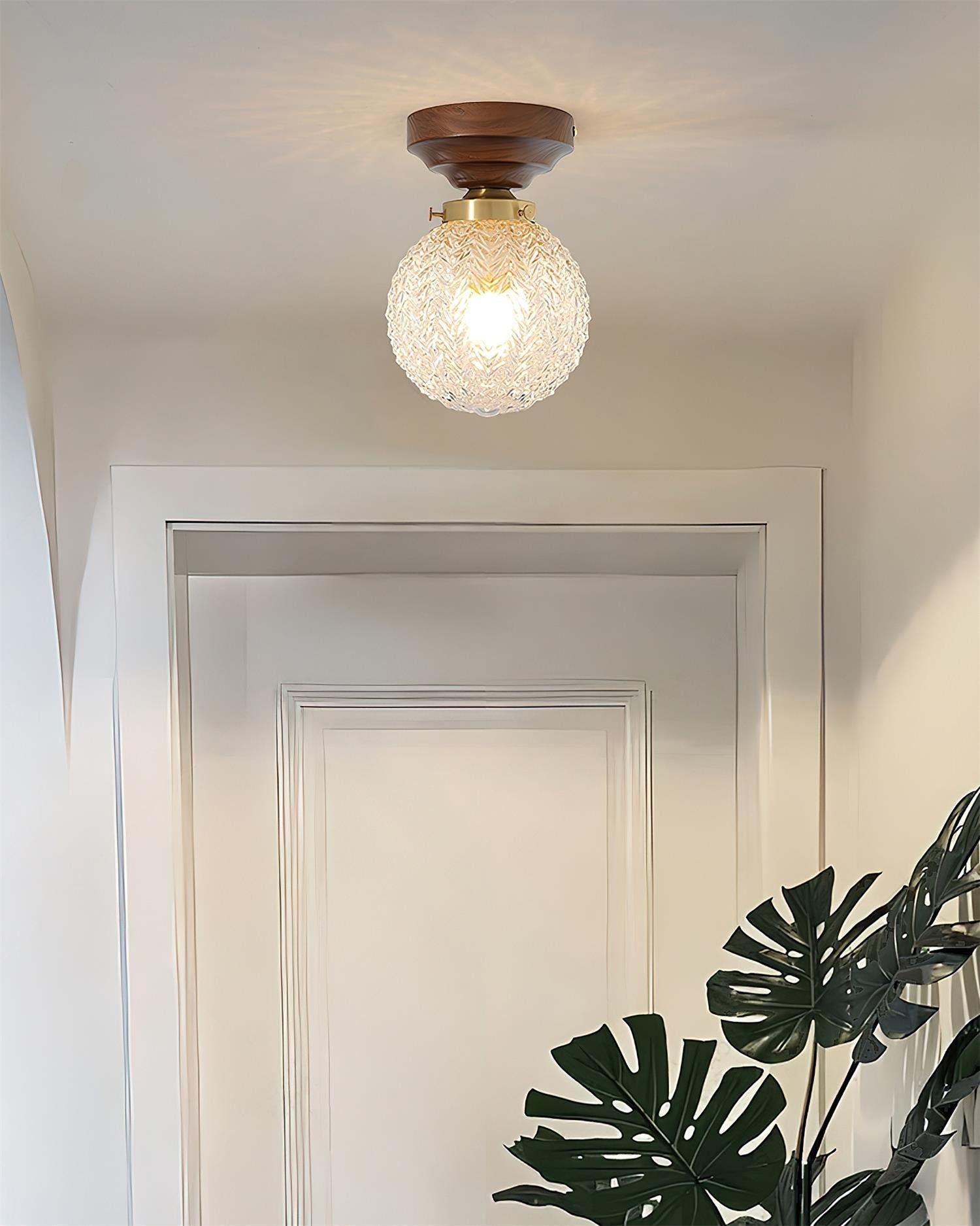 Ceiling Light Globe Shade Clear Glass Walnut Wood Canopy Brass - Letslighting