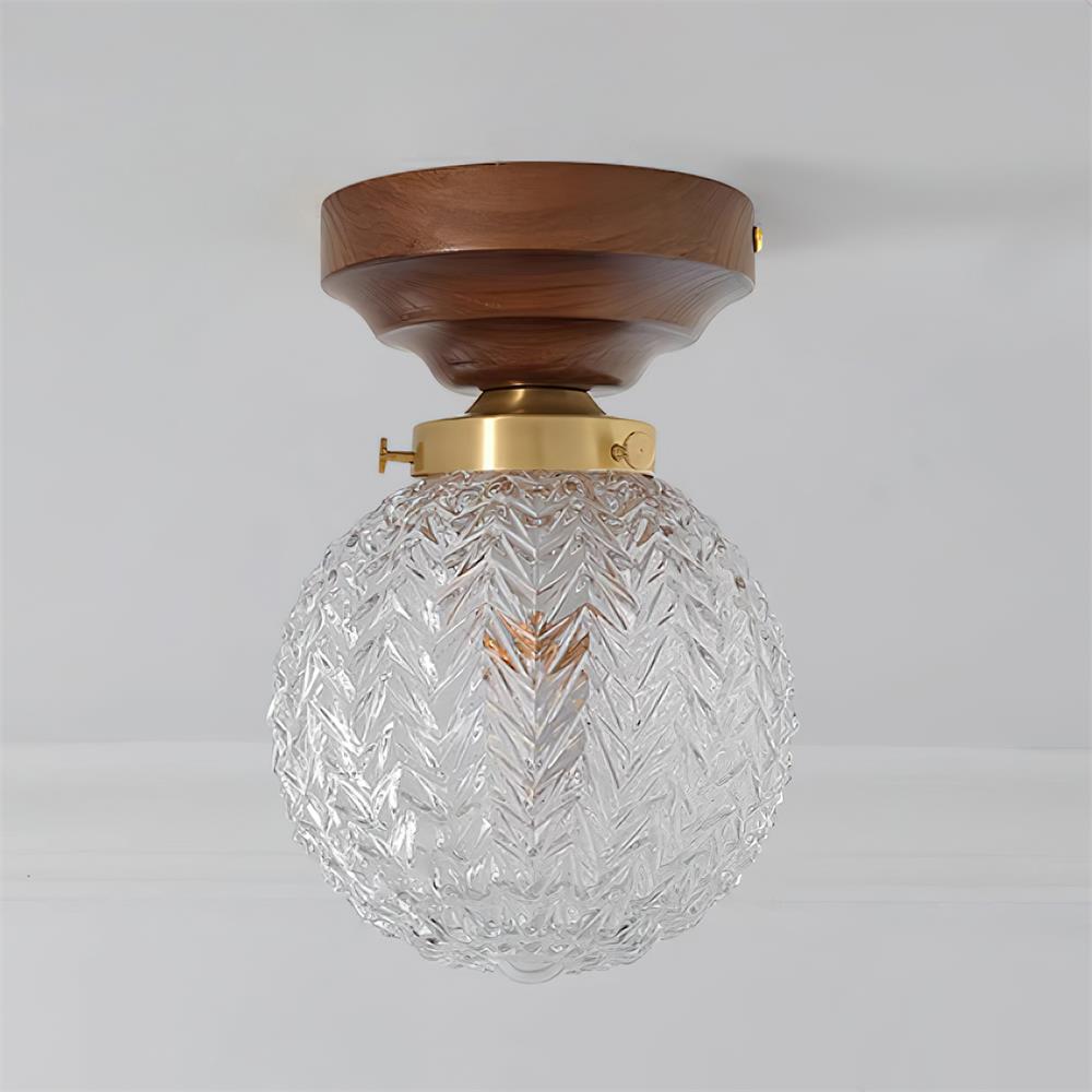 Ceiling Light Globe Shade Clear Glass Walnut Wood Canopy Brass - Letslighting
