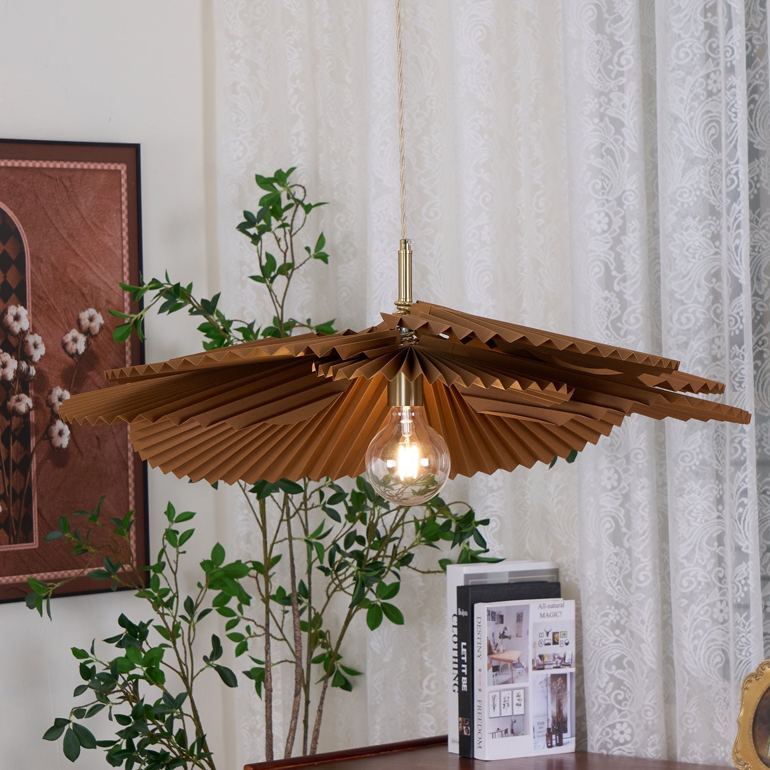 Pendant Lamp with Pleated Kraft Paper Petal Shade Warm Ambient - Letslighting