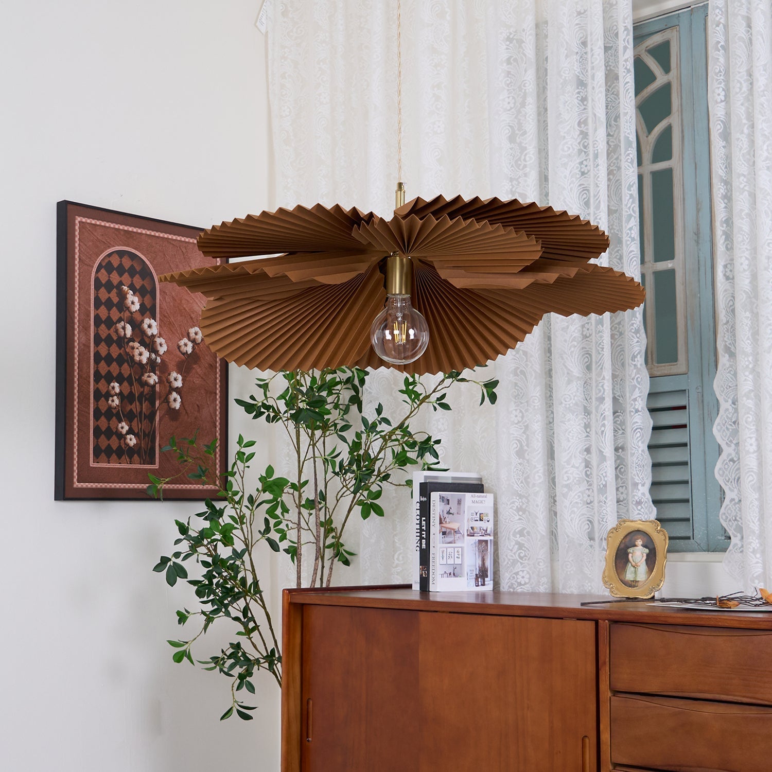 Pendant Lamp with Pleated Kraft Paper Petal Shade Warm Ambient - Letslighting