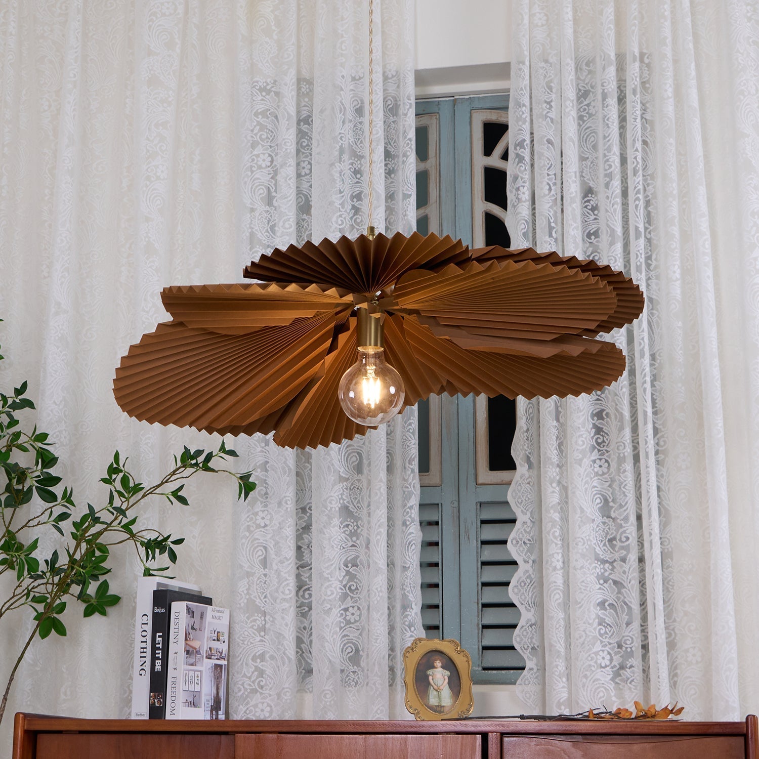 Pendant Lamp with Pleated Kraft Paper Petal Shade Warm Ambient - Letslighting