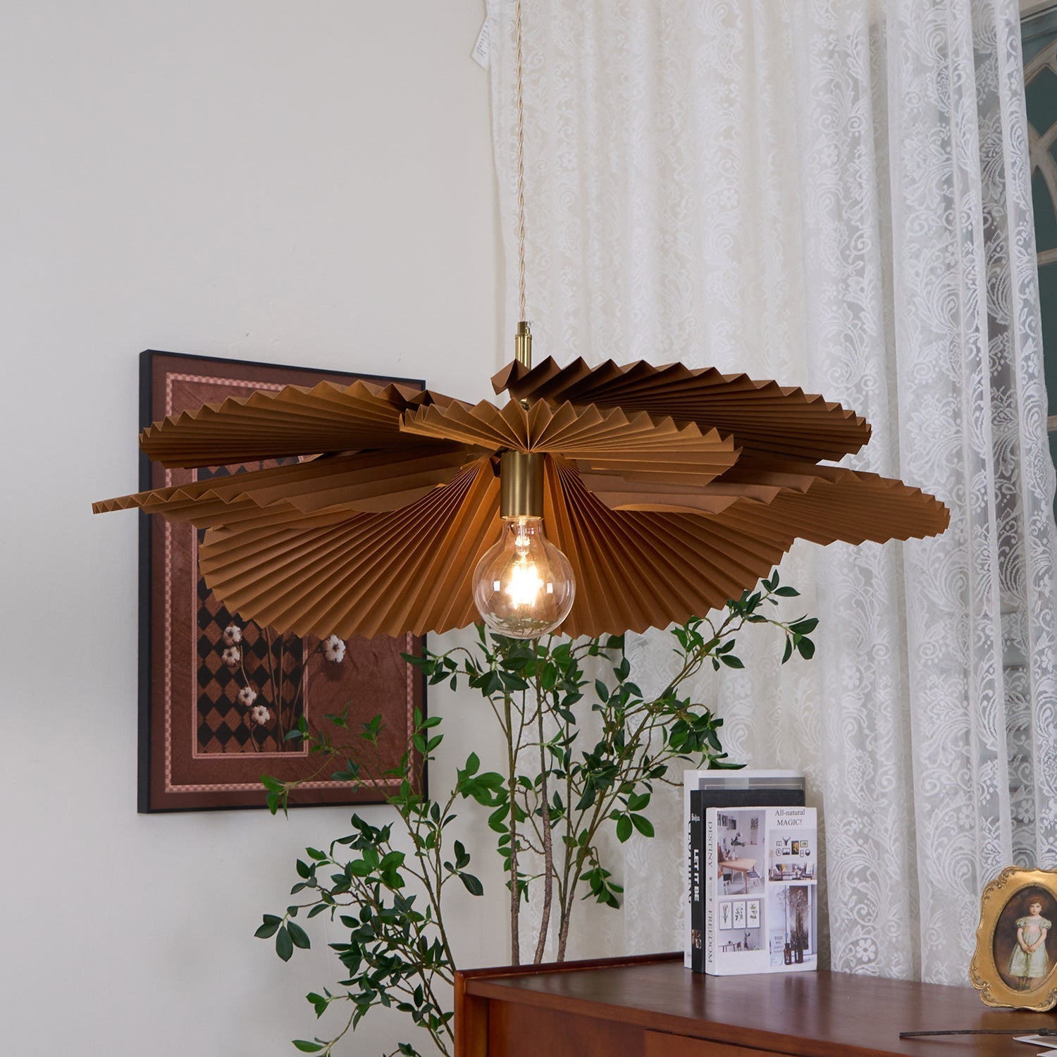 Pendant Lamp with Pleated Kraft Paper Petal Shade Warm Ambient - Letslighting