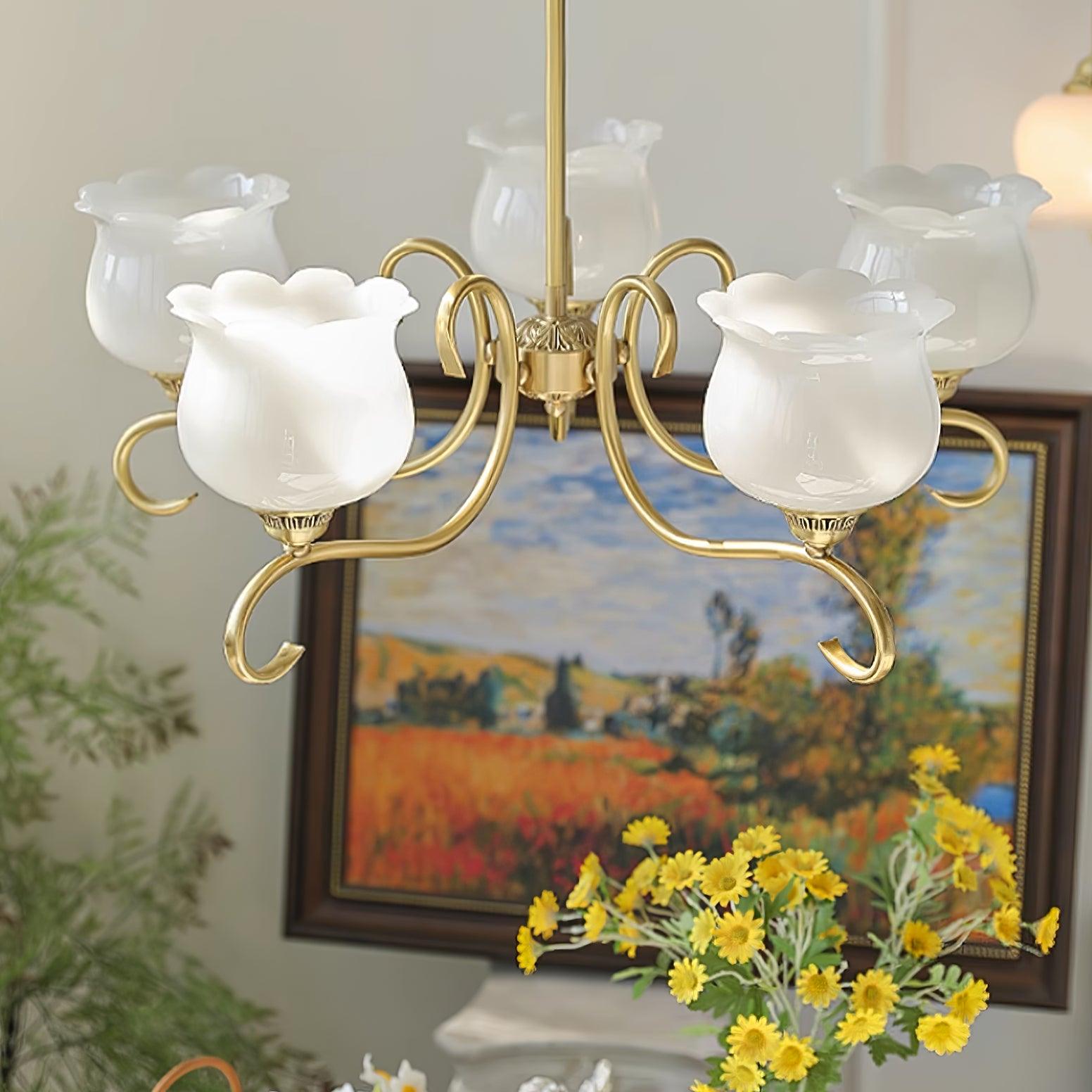 Mullan Chandelier Brass Resin Shades Floral Sculptural - Letslighting