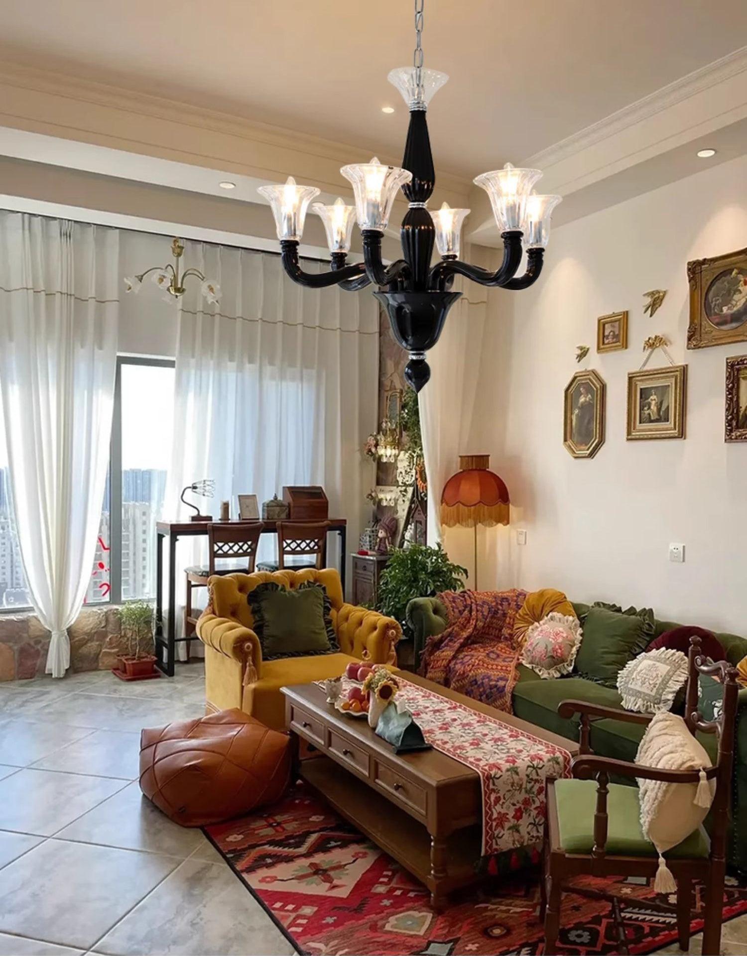 Aurora Chandelier Black Murano Candle Arm Glass Classic - Letslighting