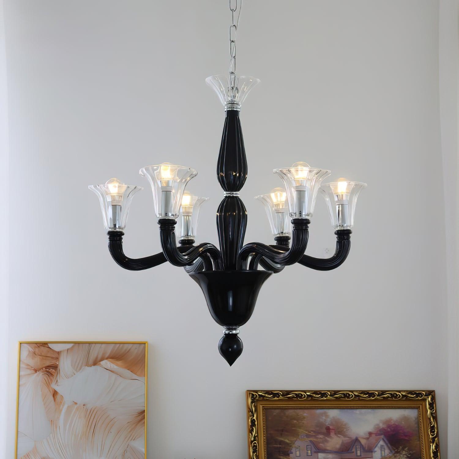 Aurora Chandelier Black Murano Candle Arm Glass Classic - Letslighting