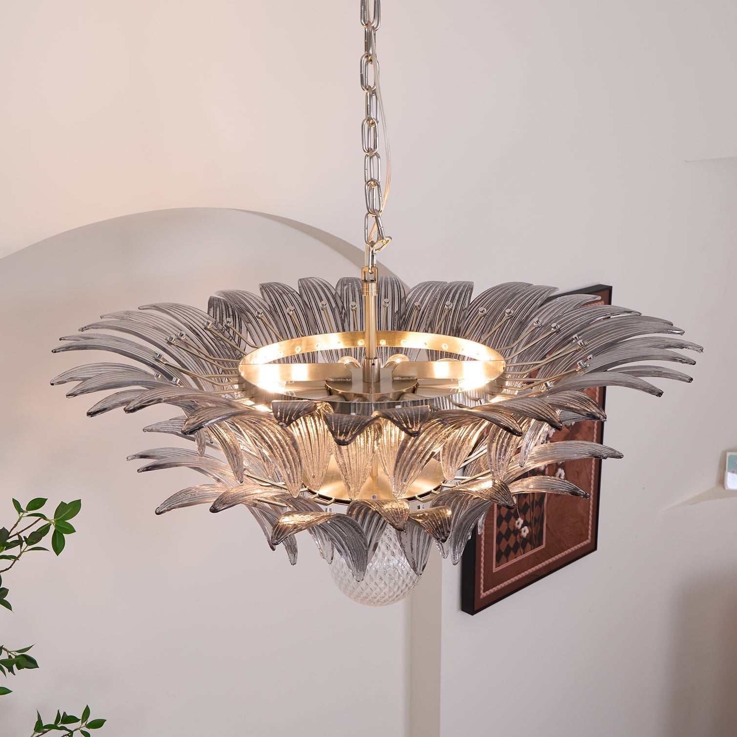 Aurora Chandelier Palmette Clear Murano Glass Leaf Layered - Letslighting