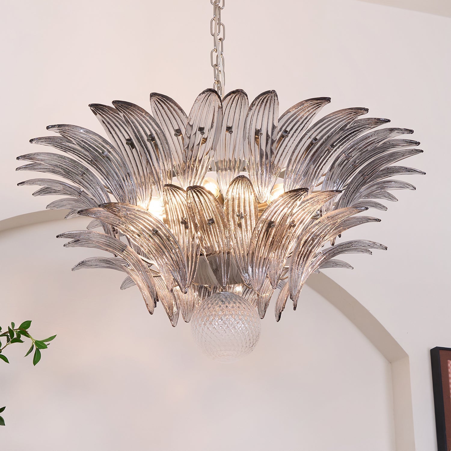 Aurora Chandelier Palmette Clear Murano Glass Leaf Layered - Letslighting