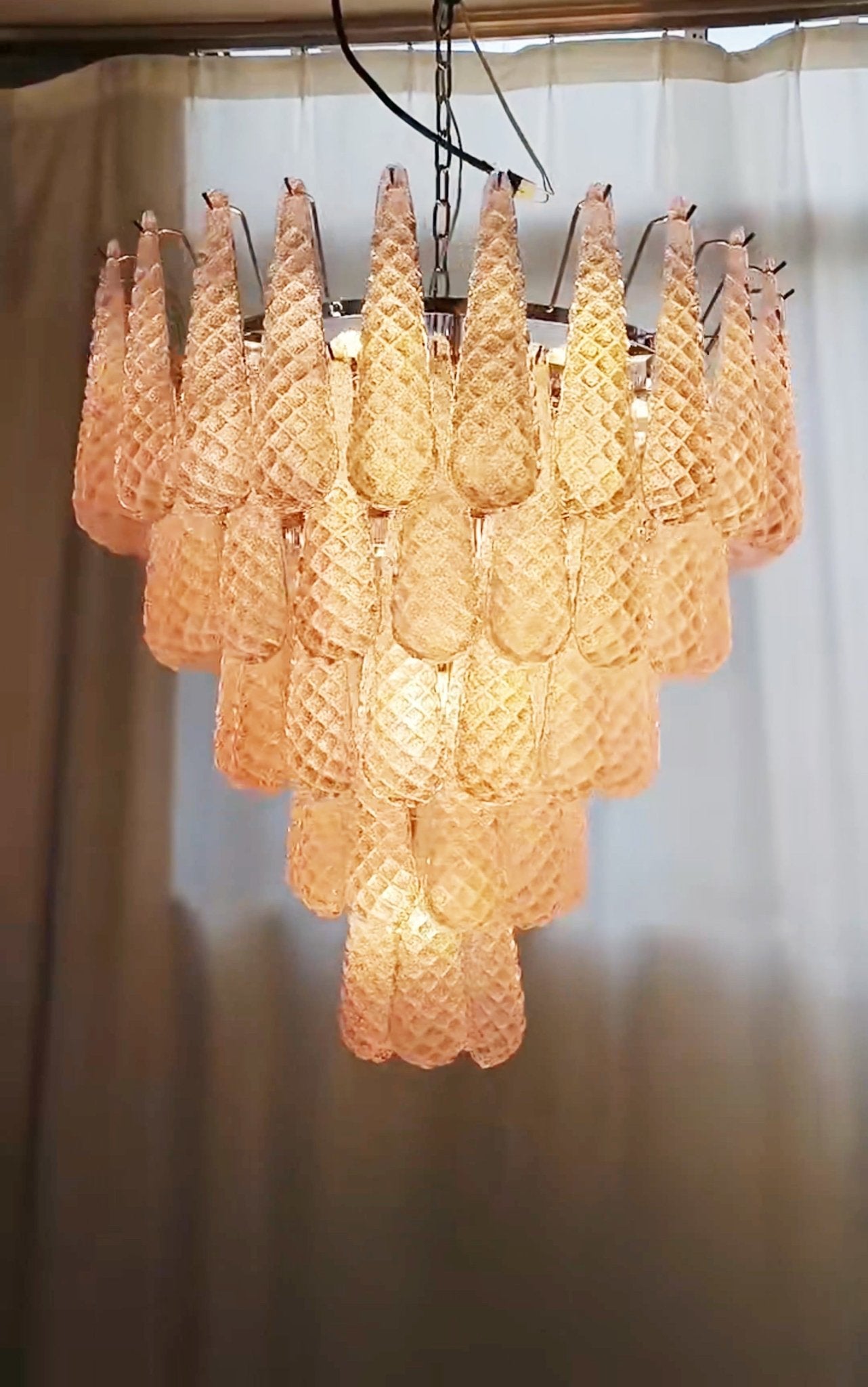 Aurora Chandelier Pink Droplet Murano Glass Diamond Pattern Waterfall - Letslighting