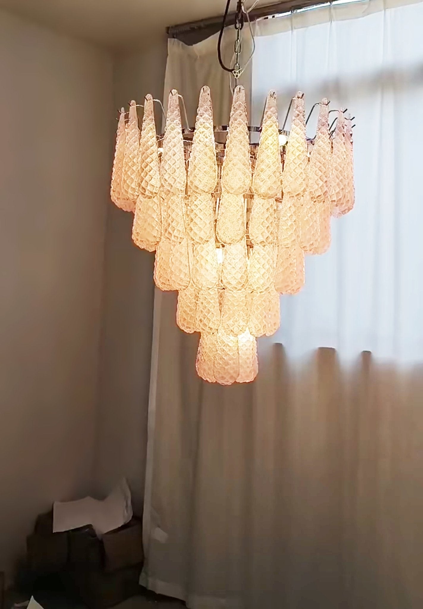 Aurora Chandelier Pink Droplet Murano Glass Diamond Pattern Waterfall - Letslighting