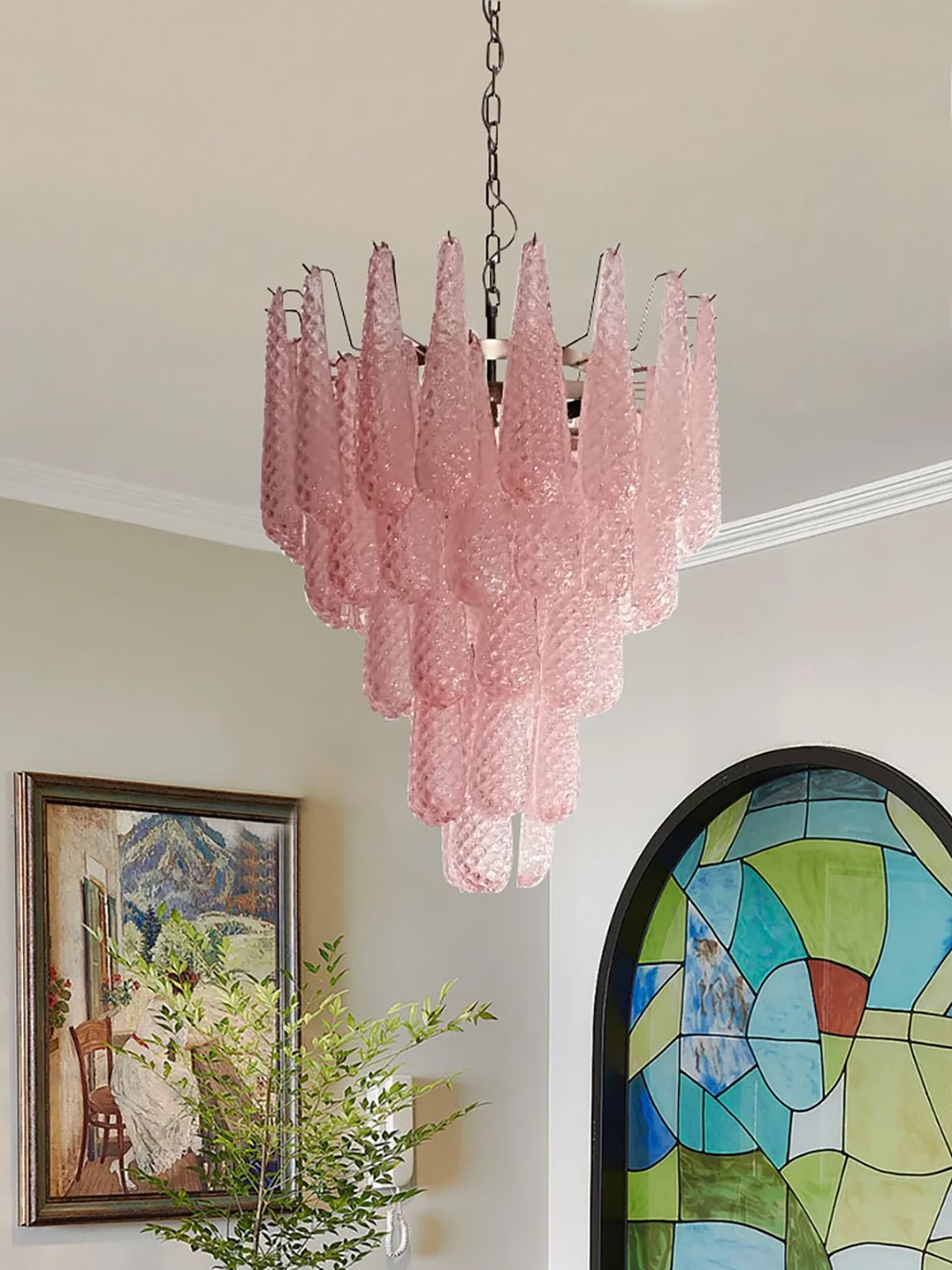 Aurora Chandelier Pink Droplet Murano Glass Diamond Pattern Waterfall - Letslighting