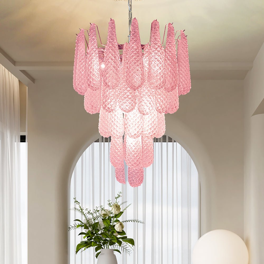 Aurora Chandelier Pink Droplet Murano Glass Diamond Pattern Waterfall - Letslighting
