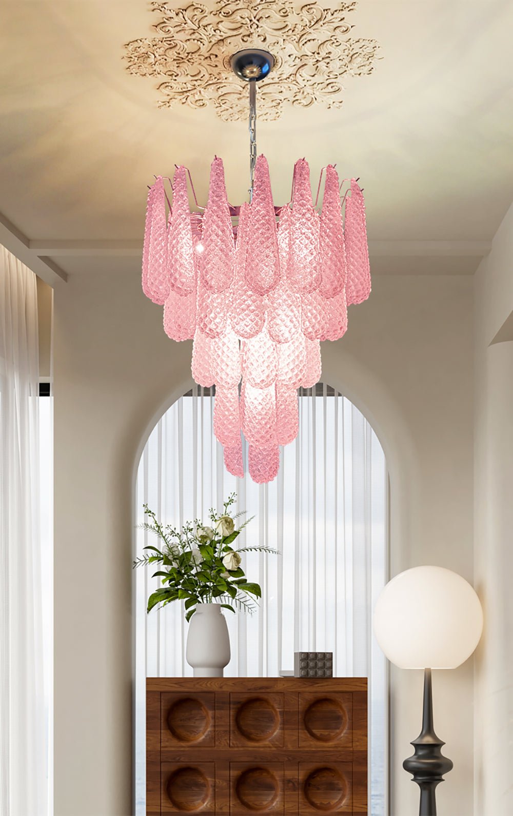 Aurora Chandelier Pink Droplet Murano Glass Diamond Pattern Waterfall - Letslighting