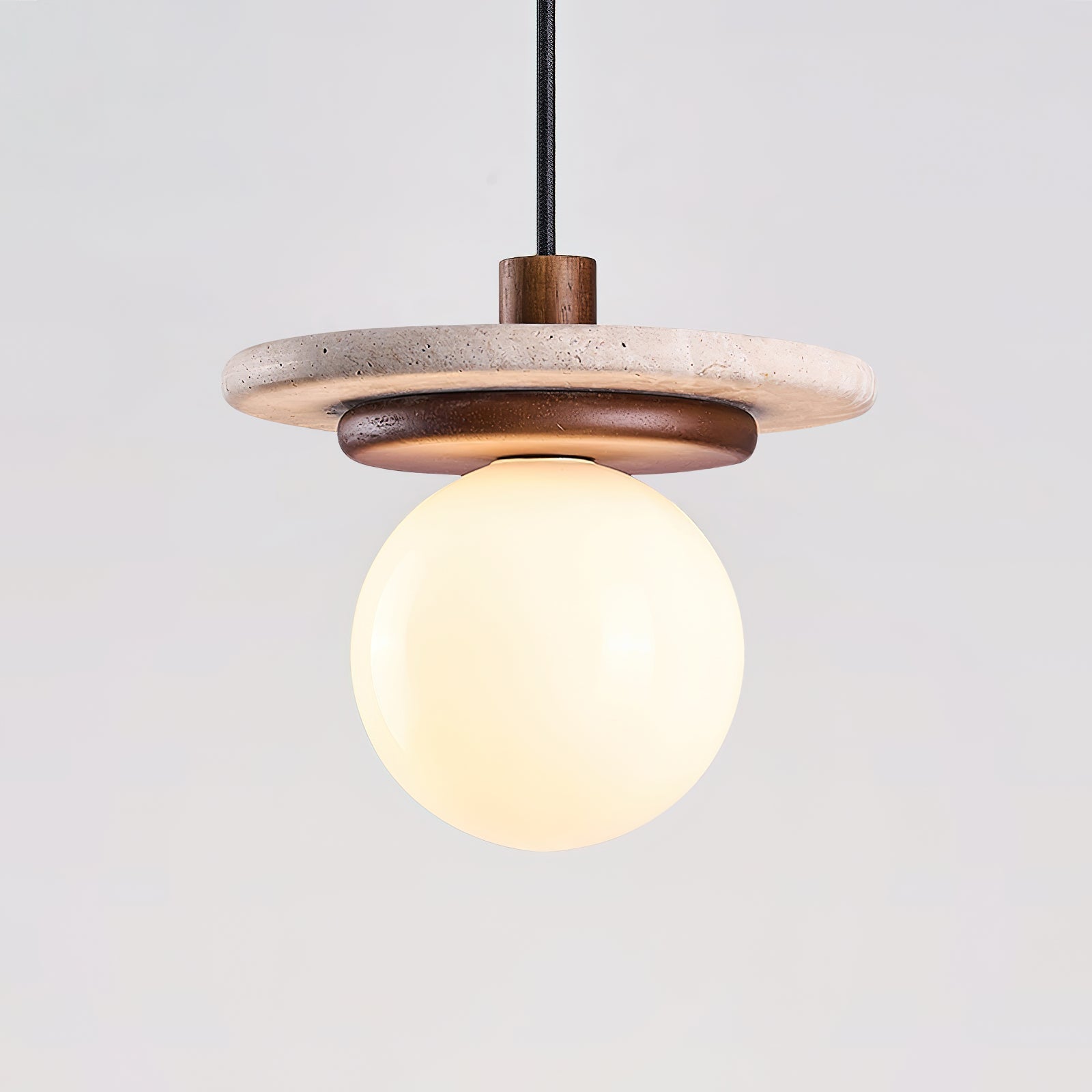 Pendant Lamp Glass Globe Travertine Disc Walnut Wood Natural - Letslighting
