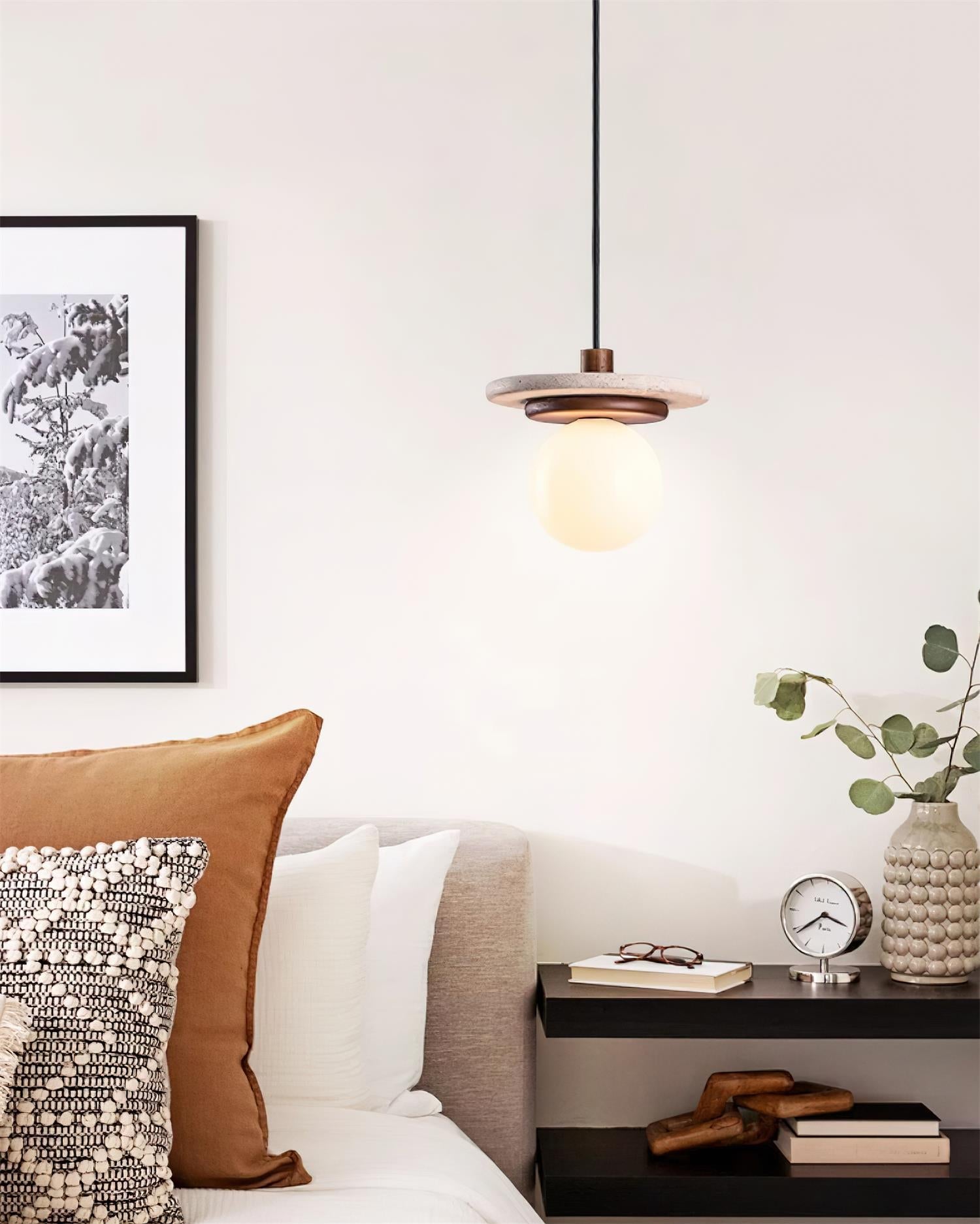 Pendant Lamp Glass Globe Travertine Disc Walnut Wood Natural - Letslighting