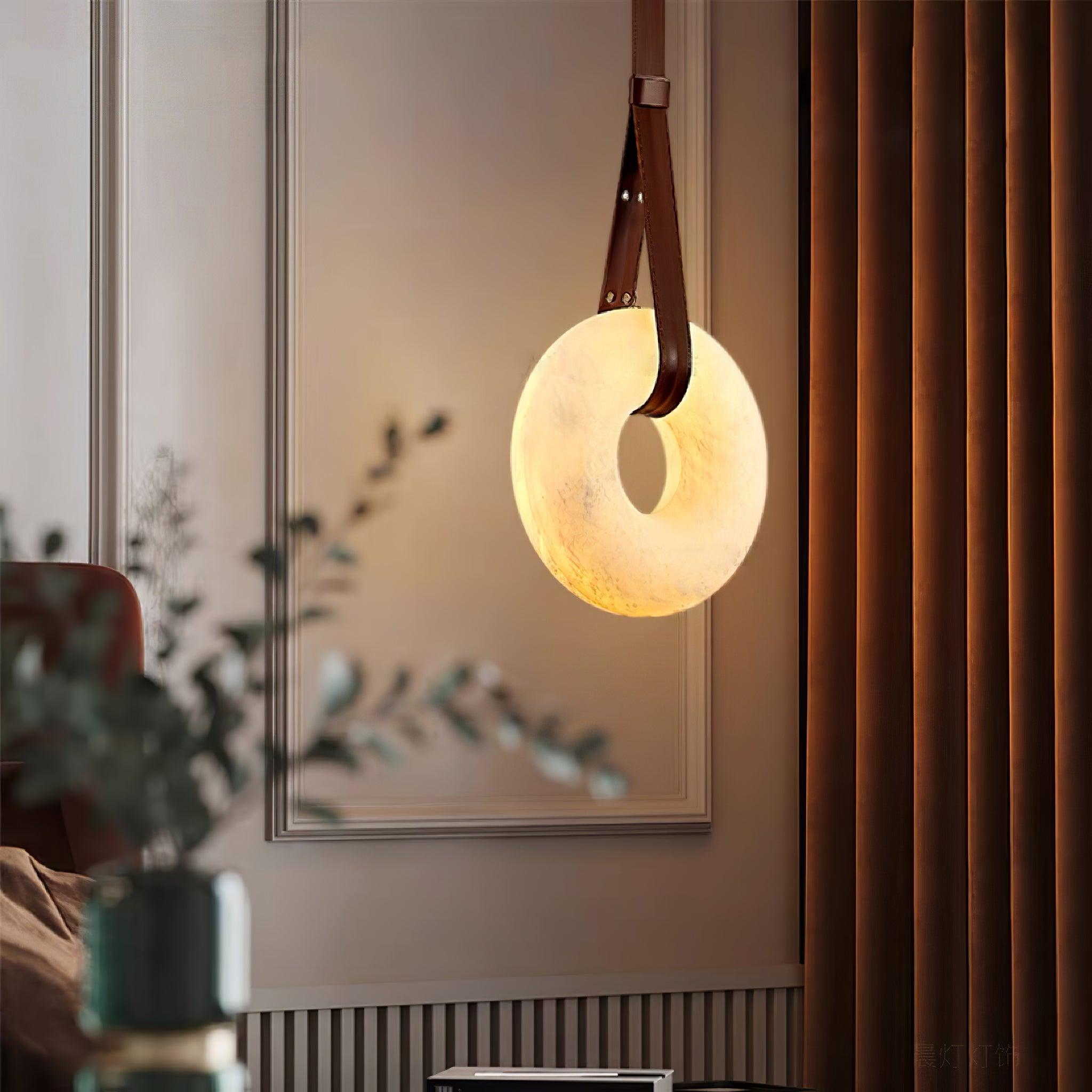Pendant Lamp Alabaster Ring Leather Straps Scandinavian Luxe - Letslighting