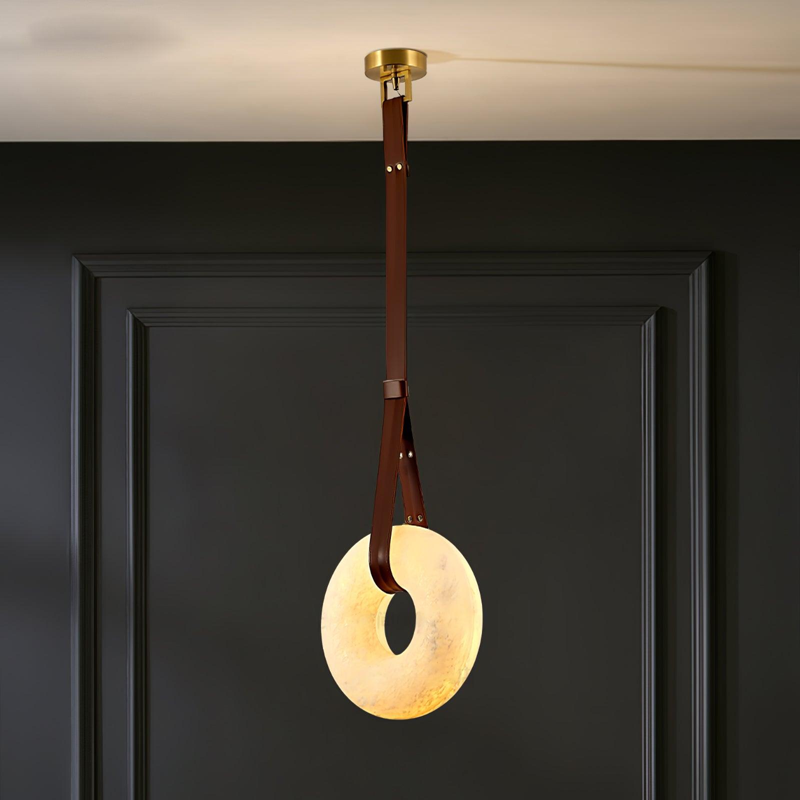 Pendant Lamp Alabaster Ring Leather Straps Scandinavian Luxe - Letslighting