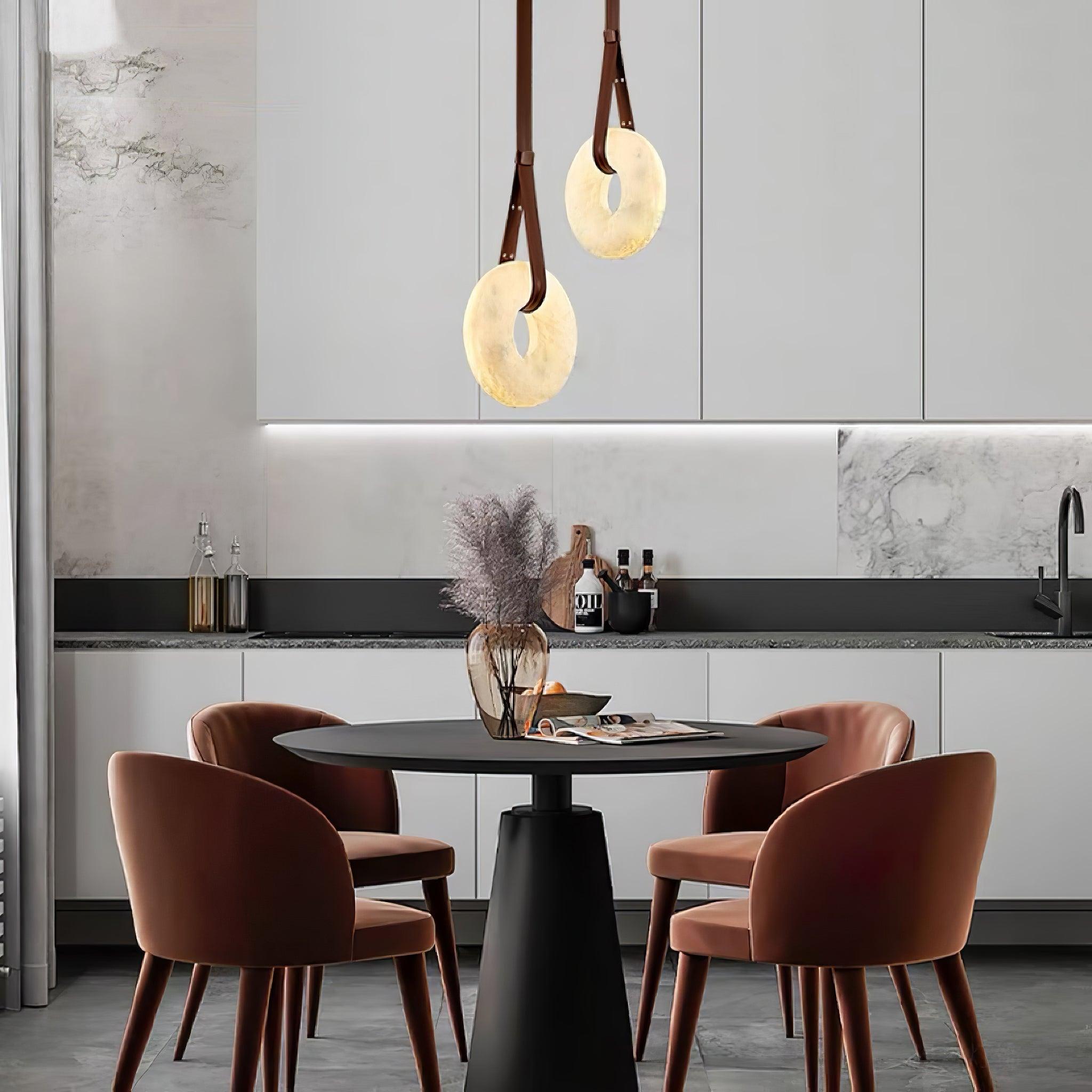 Pendant Lamp Alabaster Ring Leather Straps Scandinavian Luxe - Letslighting