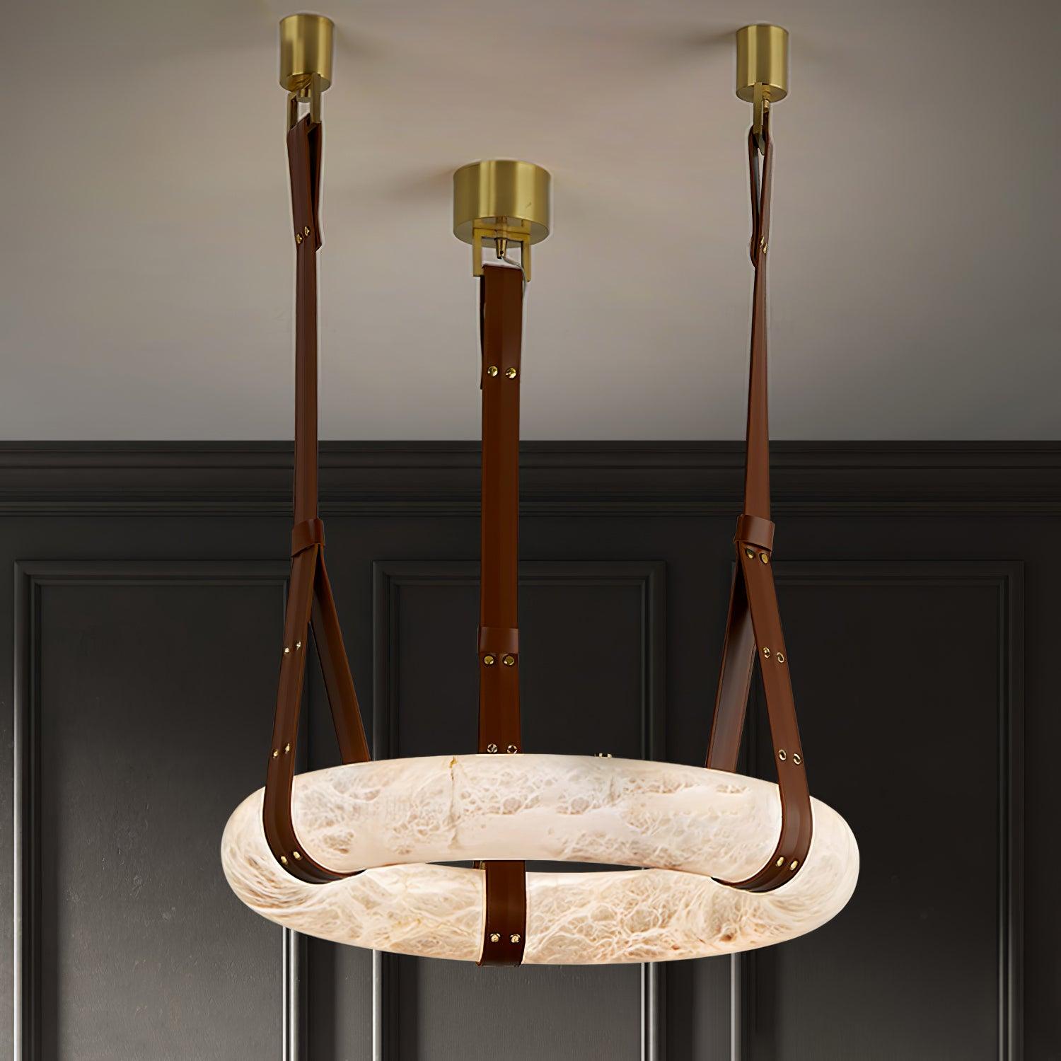 Pendant Lamp Alabaster Ring Leather Straps Scandinavian Luxe - Letslighting
