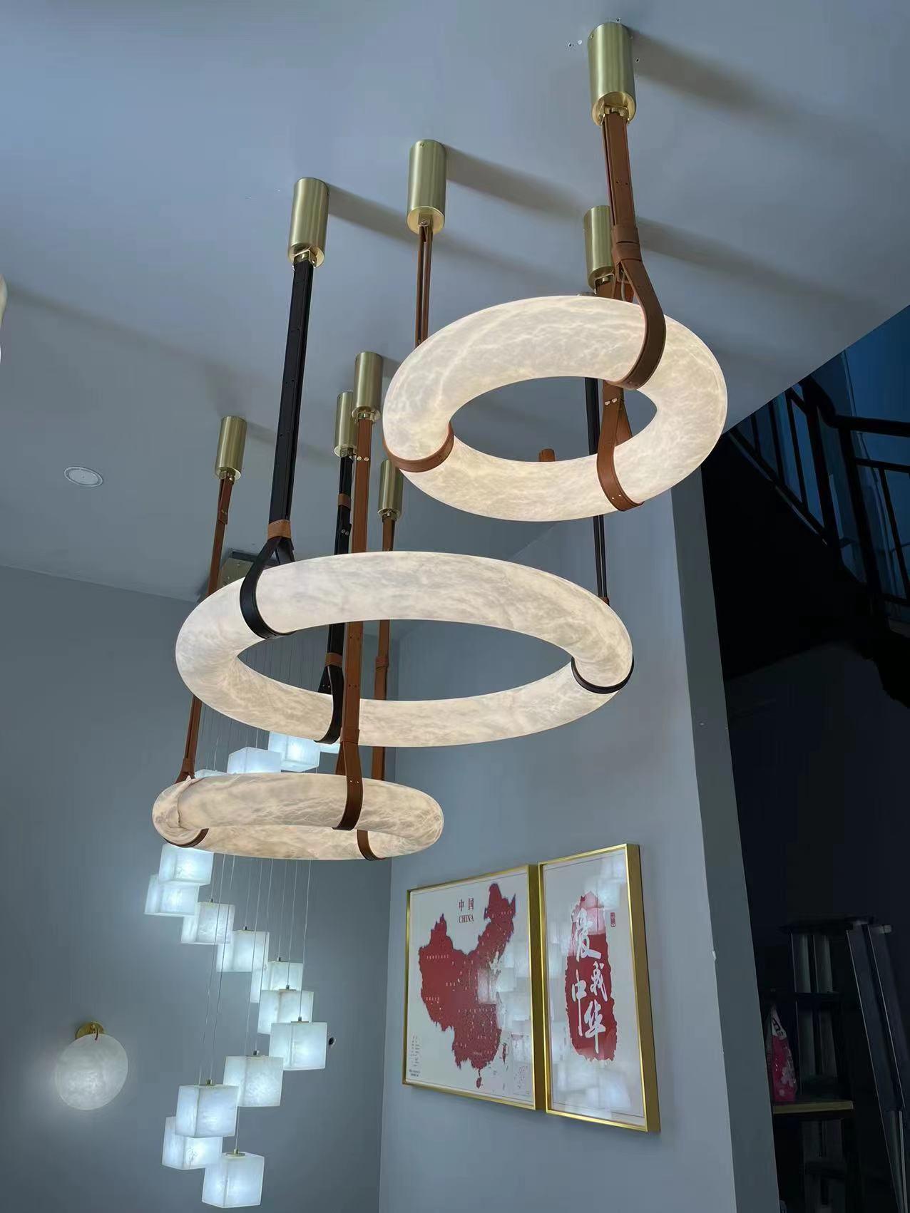 Pendant Lamp Alabaster Ring Triple Leather Straps Nordic Luxe - Letslighting