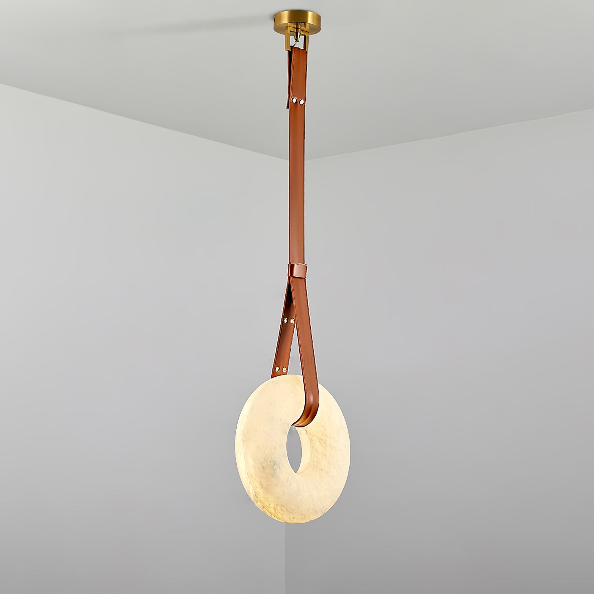 Pendant Lamp Alabaster Ring Triple Leather Straps Nordic Luxe - Letslighting